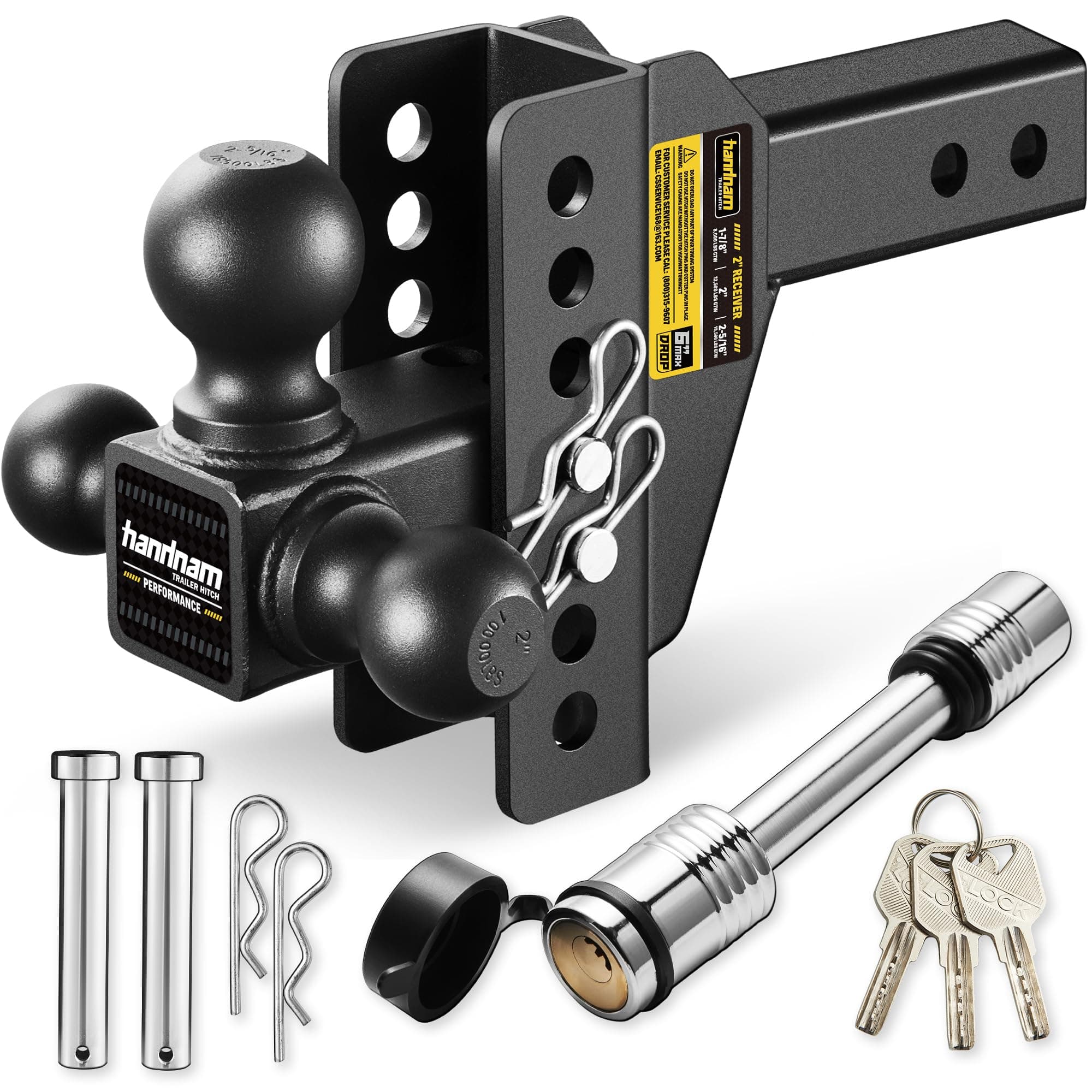 Drop Hitch Adjustable Trailer Hitch, Tow Hitch with 6-Inch Drop/Rise for Truck (12,500 LBS GTW), Adjustable Drop Hitch Fits 2-Inch Receiver, Trailer Hitches with Double Anti-Theft Pins Locks