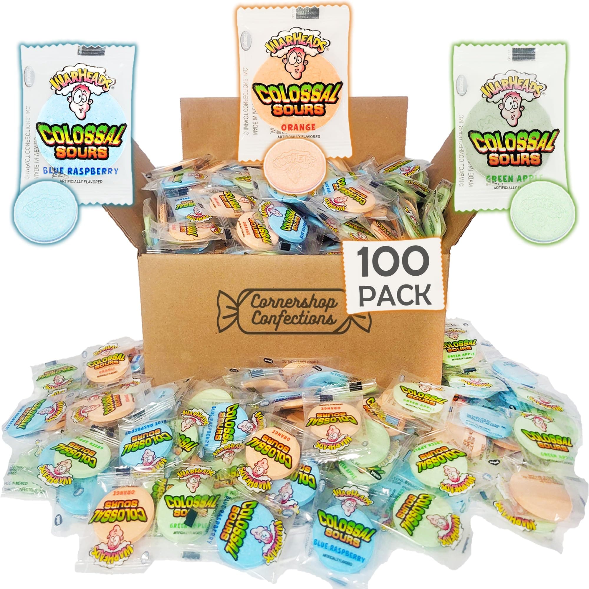 Colossal Sours 1500 Peice Bulk Variety Pack - 500 Individually Sealed Peices of 3 Different Flavors - Blue Raspberry, Orange, Green Apple - Halloween Share Pack - In Cornershop Confections Box