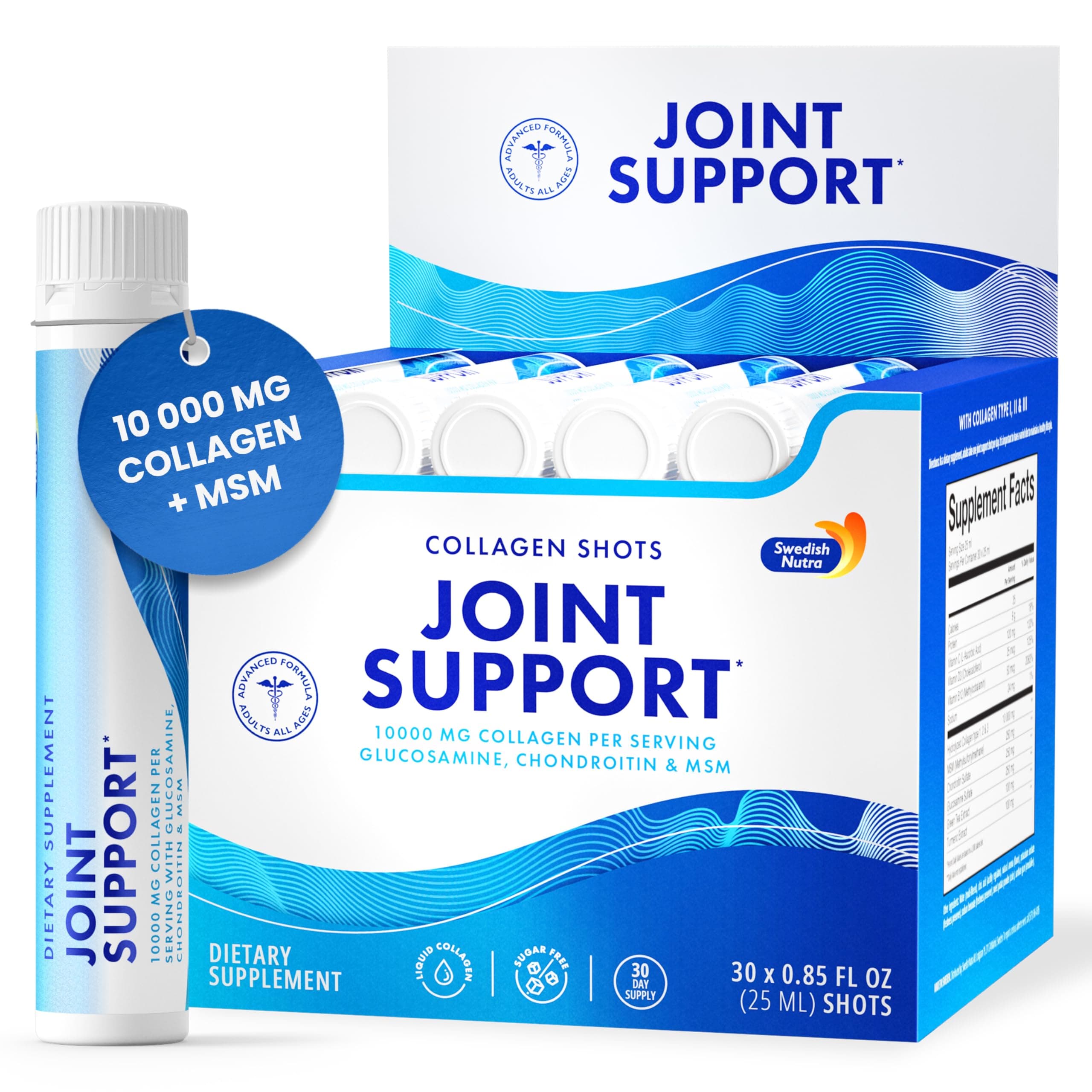 Swedish NutraJoint Support 30 Shots I Collagen Type I, II & III I Glucosamine, MSM, Chondroitin, Turmeric I Sugar-Free - 30 Day Supply