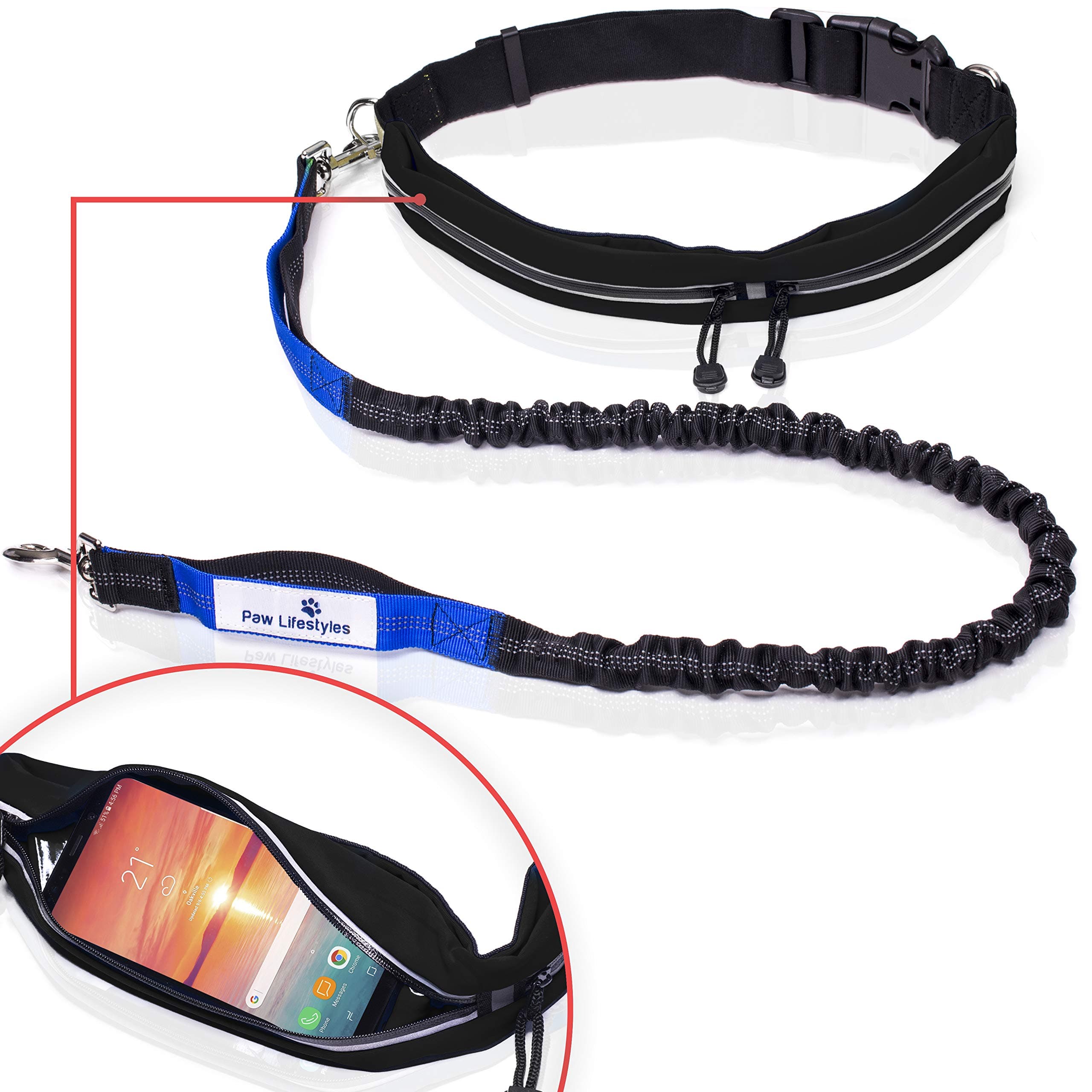Retractable Hands Free Dog Leash W/Smartphone Pouch – Dual Handle Bungee Waist Leash for Up to 150 lbs Large Dogs (Black - Blue w/Smartphone Pouch)