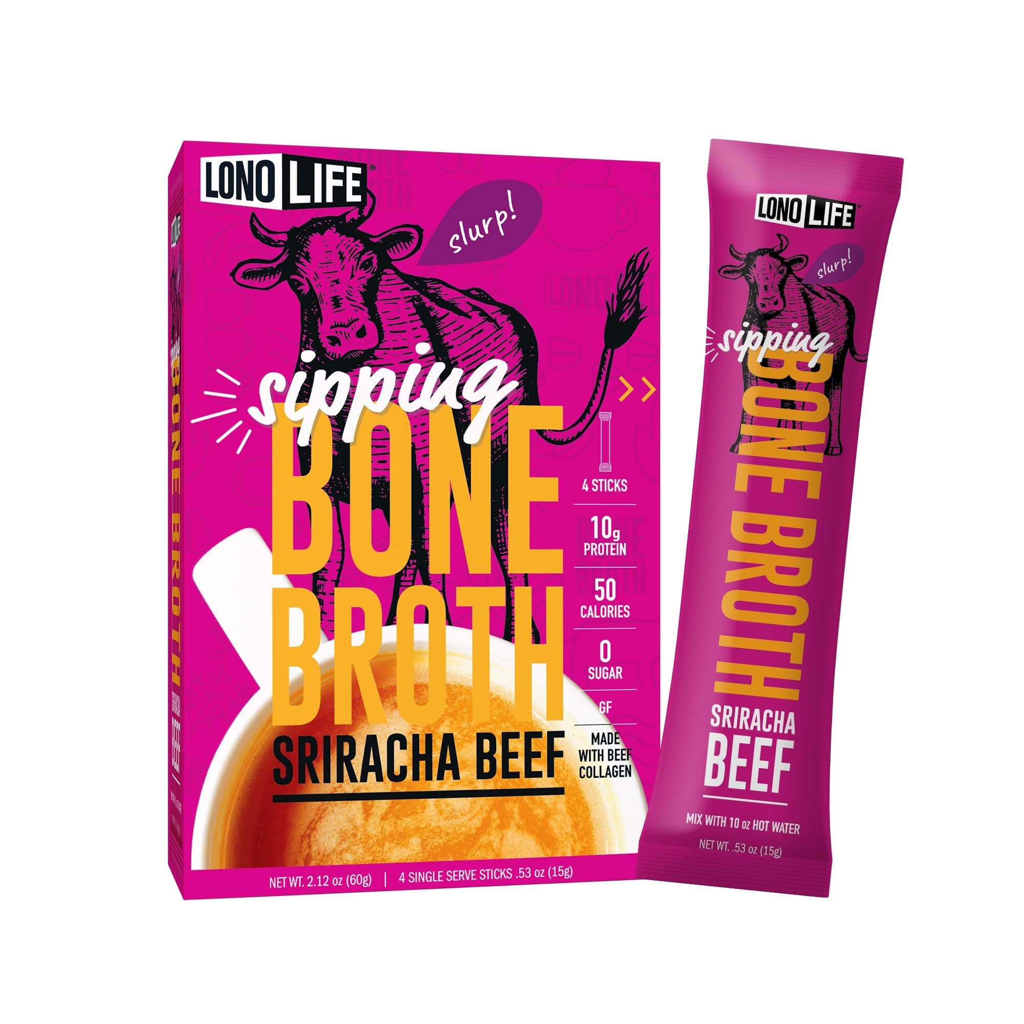 LonoLife Sriracha Beef Bone Broth Powder Mix | Grass-Fed, 10g Protein | Collagen-Rich, Keto & Paleo Friendly | Natural Ingredients | 4 Portable Stick Pack Servings