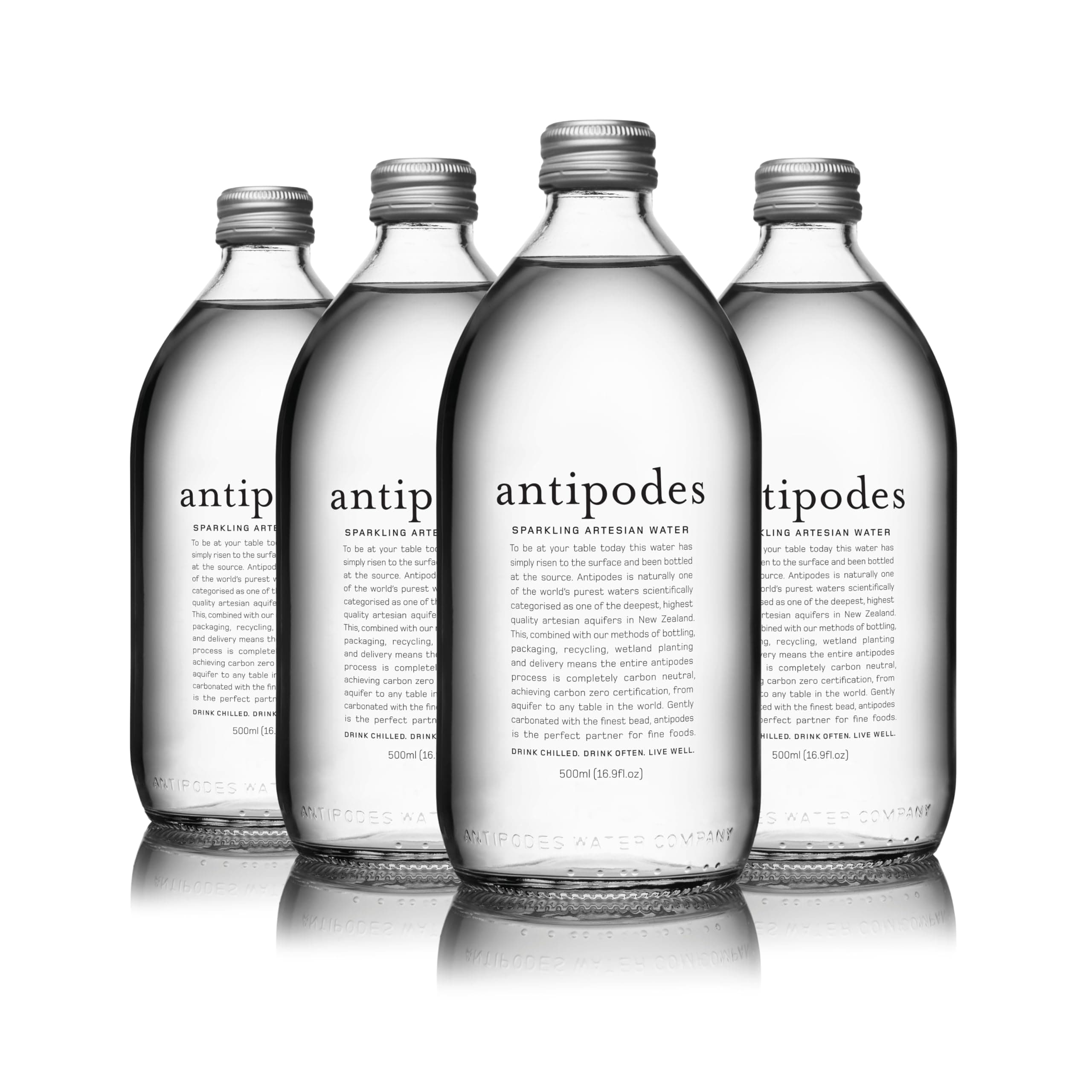 Antipodes Natural Artesian Sparkling Water, 16.9 Fl Oz (500 mL) (Pack of 4), Premium Carbonated Glass Bottled Drinking Water, Naturally Occurring Minerals, New Zealand Source