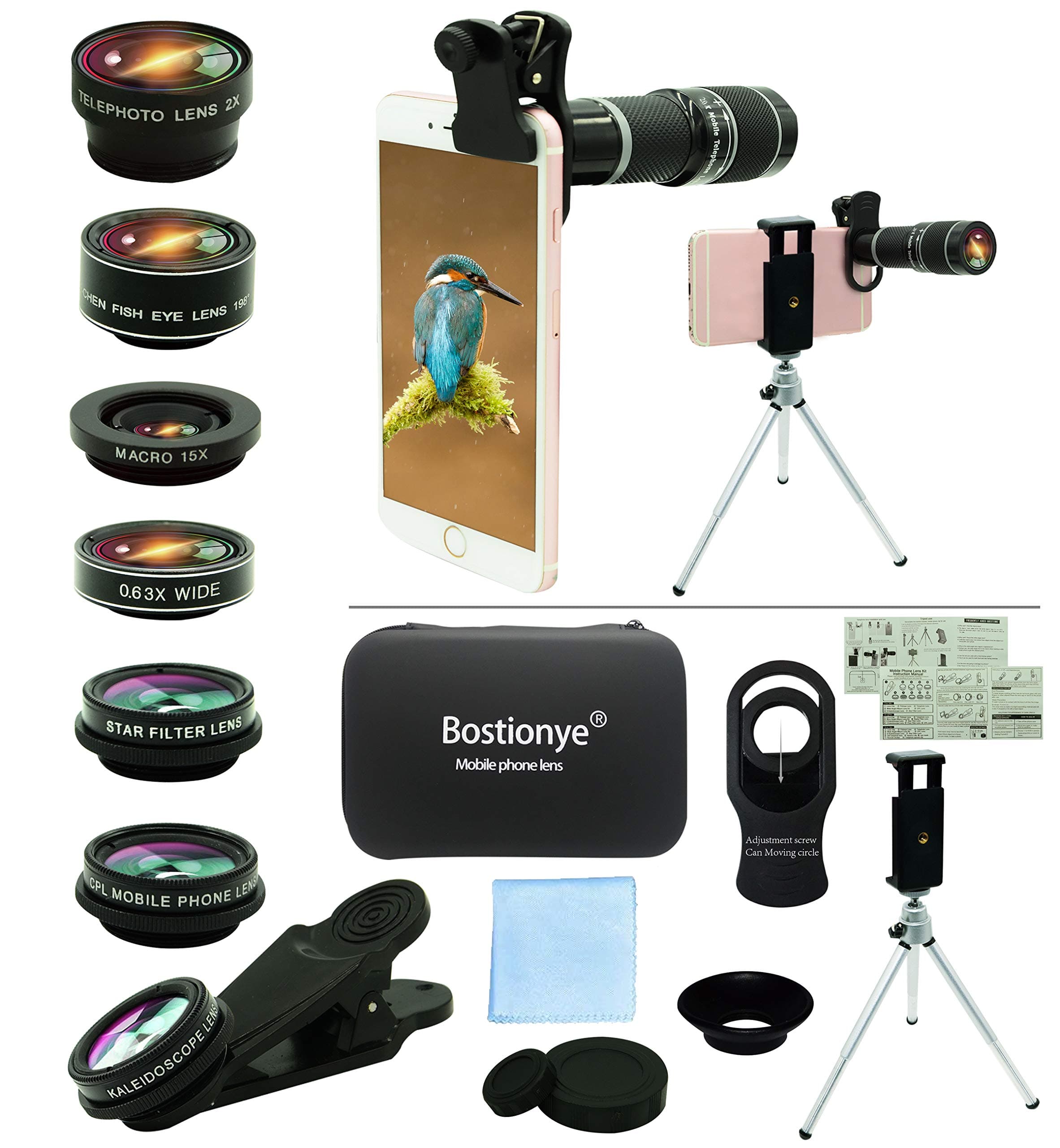Cell Phone Camera Lens Kit,11 in 1 Universal 20x Telephoto 0.63Wide Angle 15X Macro 198°Fisheye 2X Telephoto Kaleidoscope CPL Starlight Eyemask Tripod,for Most iPhone Smartphone (Black)