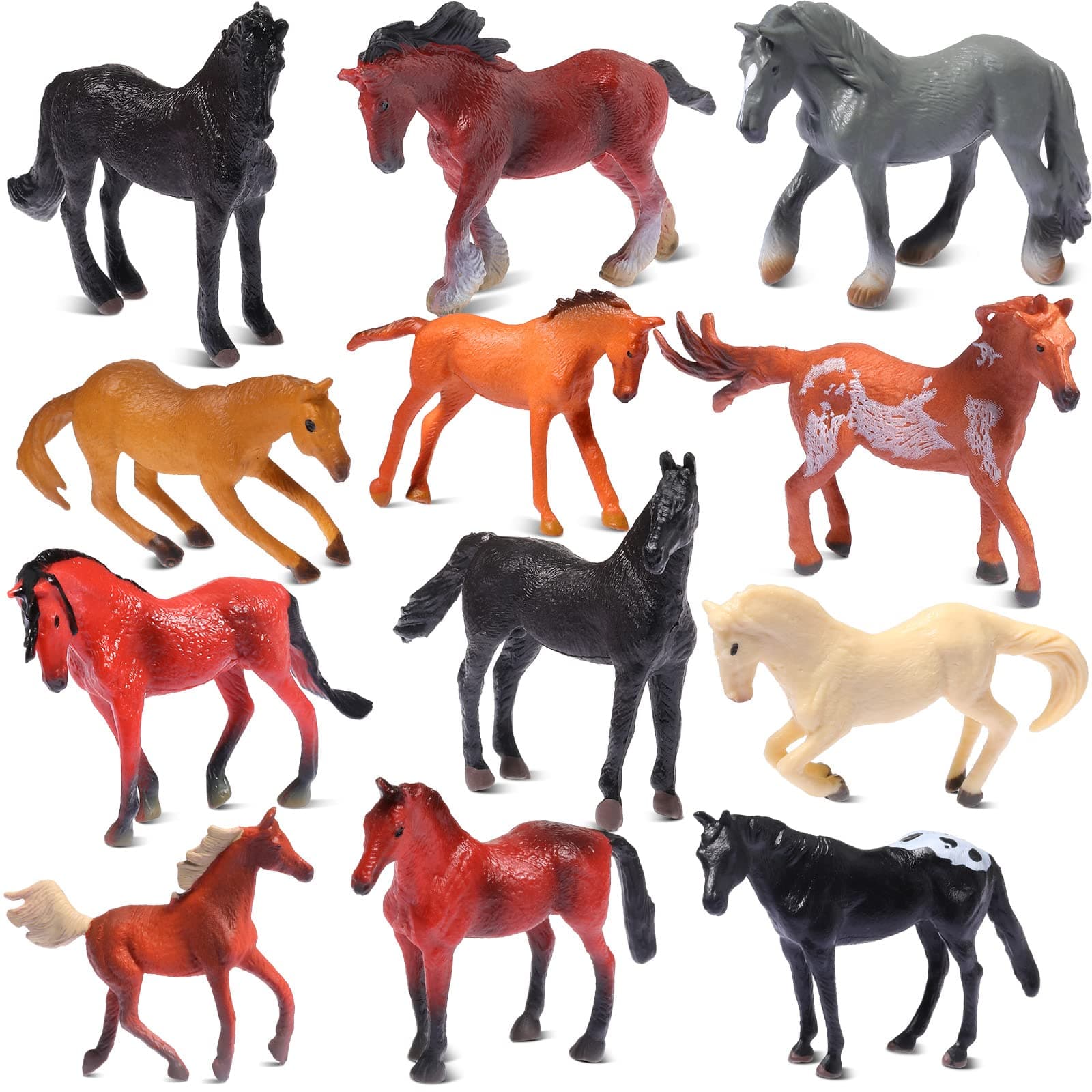 Chalyna 12 Pieces 2-3" Tiny Horse Figurines Toy Set, Plastic Pony Small Foal Figures, Farm Mini Animal Toy Gift for Kids, Miniature Horse Playset Easter Birthday Party Favors for Club Cake Topper
