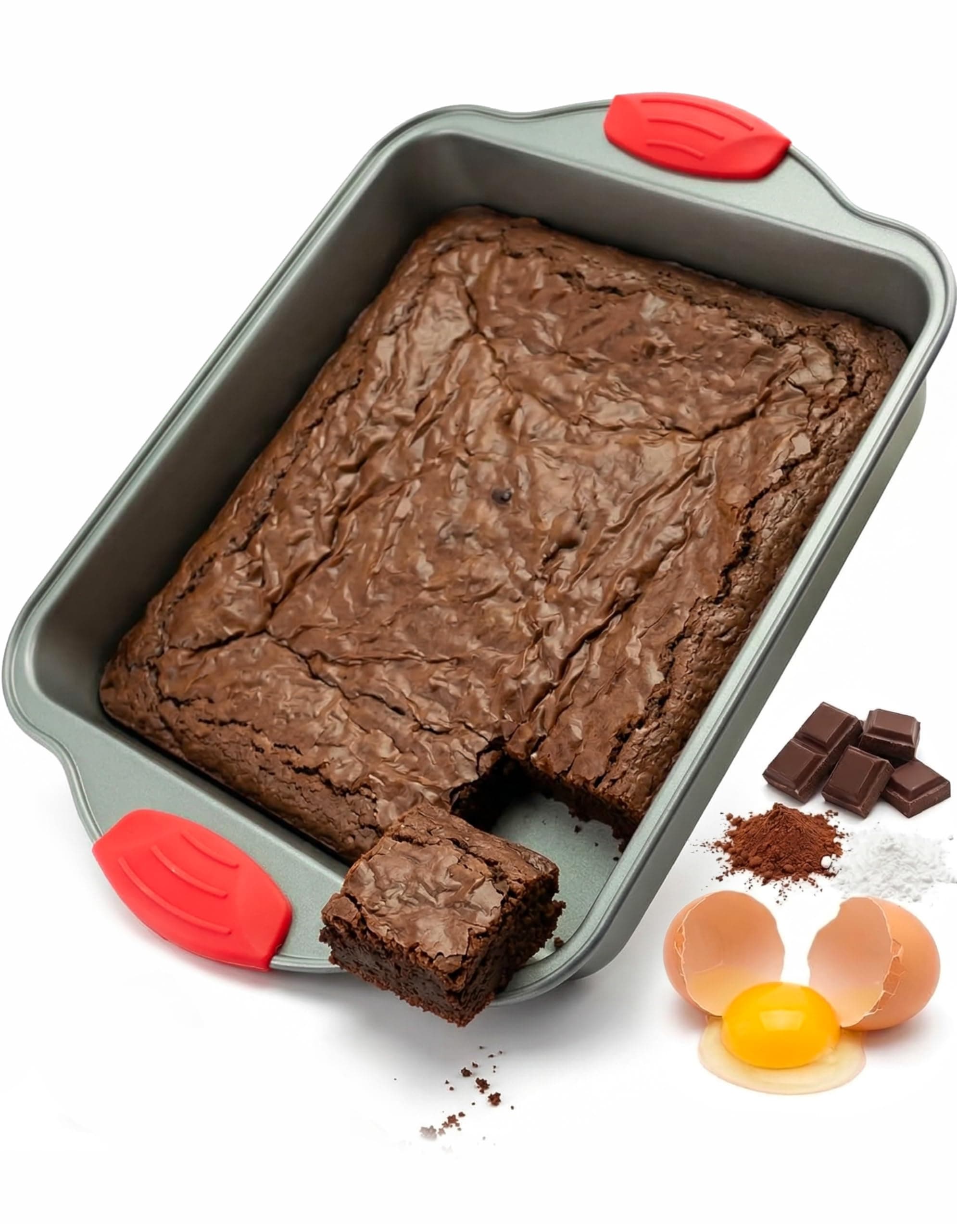 Non Stick 20 x 20 cm (20.3 x 20.3 cm) Square Baking Pan with Silicone Handles - Heavy Duty Carbon Steel Brownie Cake Pan, Rust Resistant Bakeware Oven Safe to 230 degrees Celsius, Dishwasher Safe
