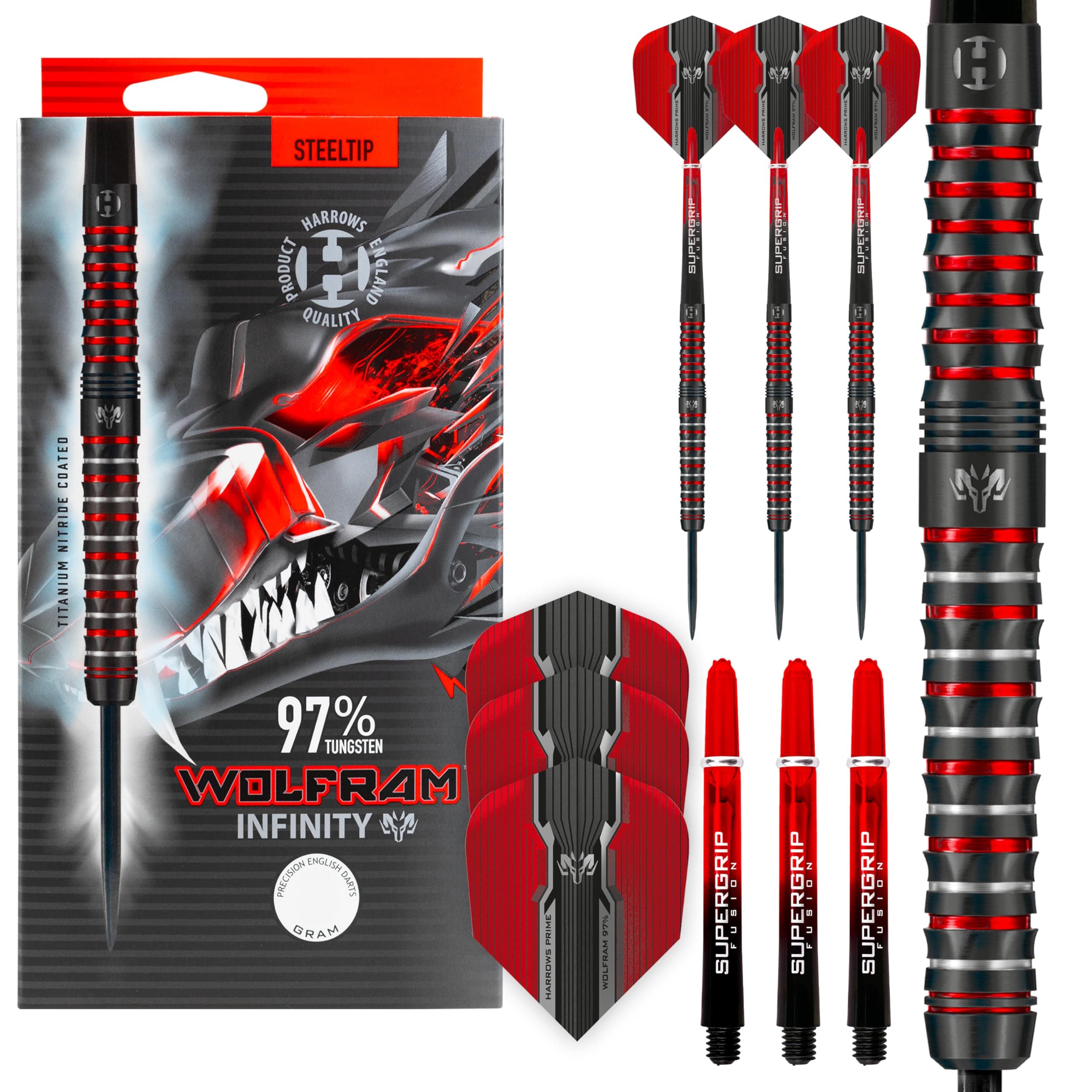 Harrows Wolfram Infinity 97% Tungsten Steel Tip Darts Set, Includes Supergrip Fusion Shafts & Prime Wolfram Infinity Flights. Available in Range of Weights (22g)
