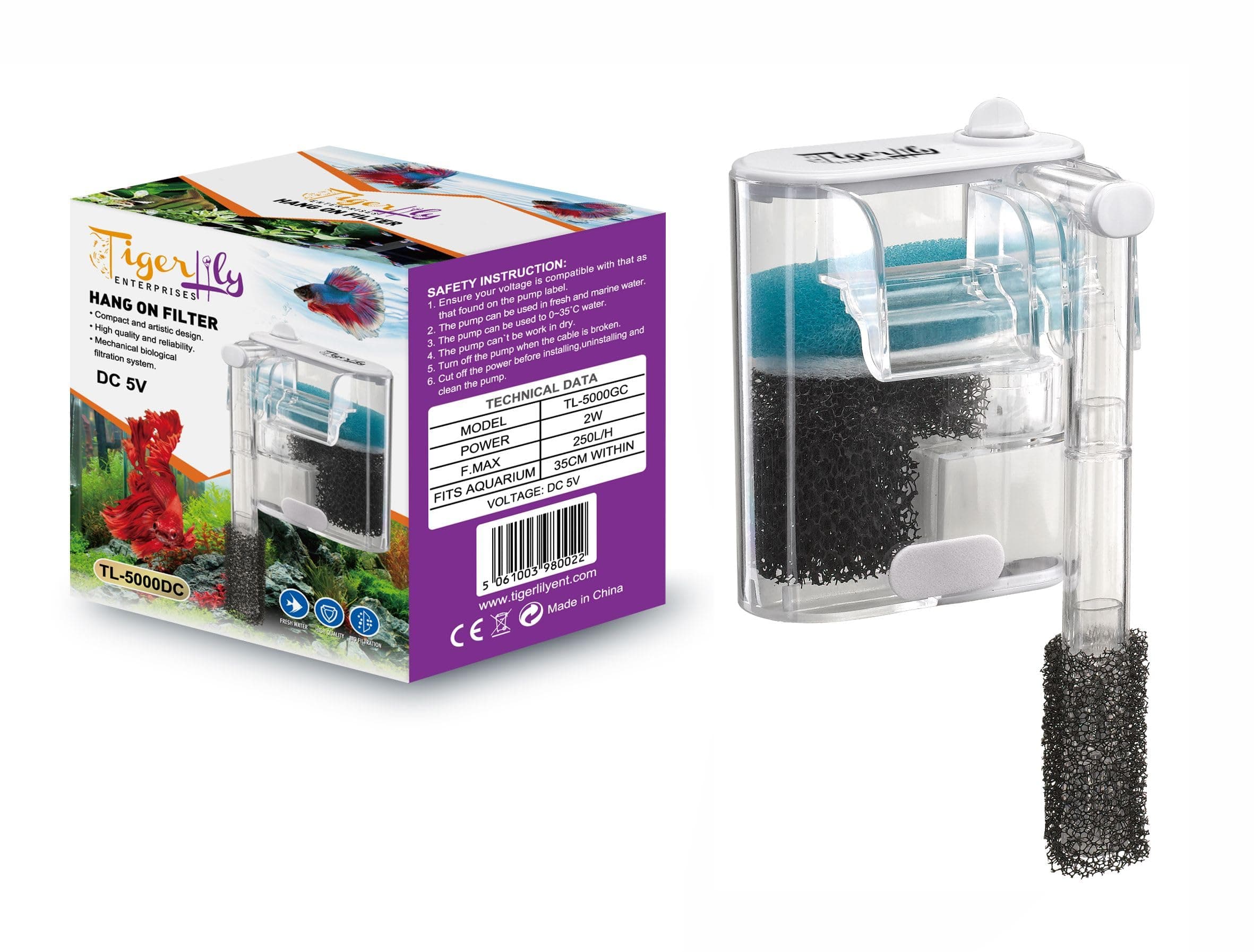 Mini Waterfall Aquarium Filter – 250L/H USB-Powered Hang-On Back (HOB) Filter with Adjustable Flow, Ultra Quiet Operation & 3-Layer Filtration for Small/Nano Fish Tanks