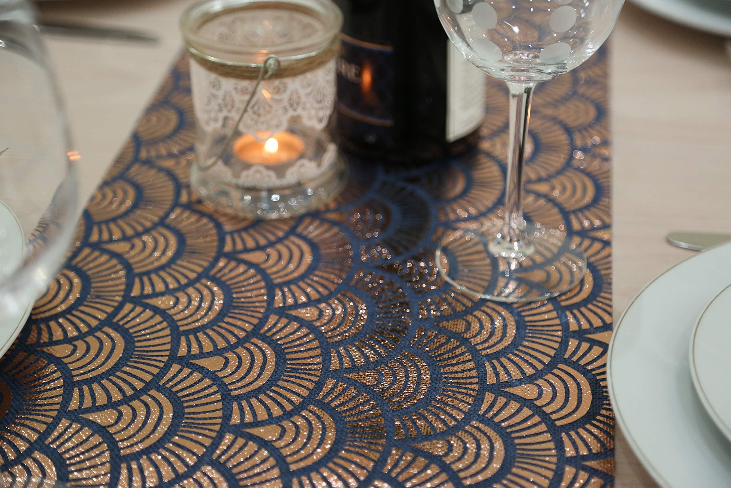 koopp Navy Blue & Gold Fabric Table Runner 2.5 Meters Long Elegant (8ft Length)