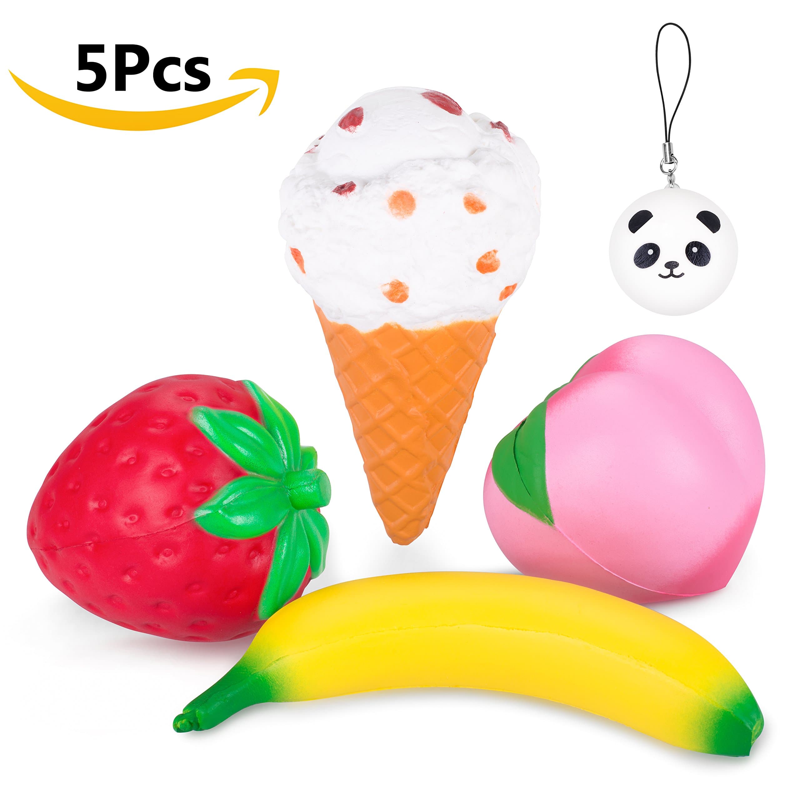 VLAMPO Stress Reliever 5 Pieces Scented Fruit Squeeze Toy Soft Slow Rising Squishy Pack Jumbo for Girls and Boys (Strawberry Peach Banana Ice Cream Cone Panda)