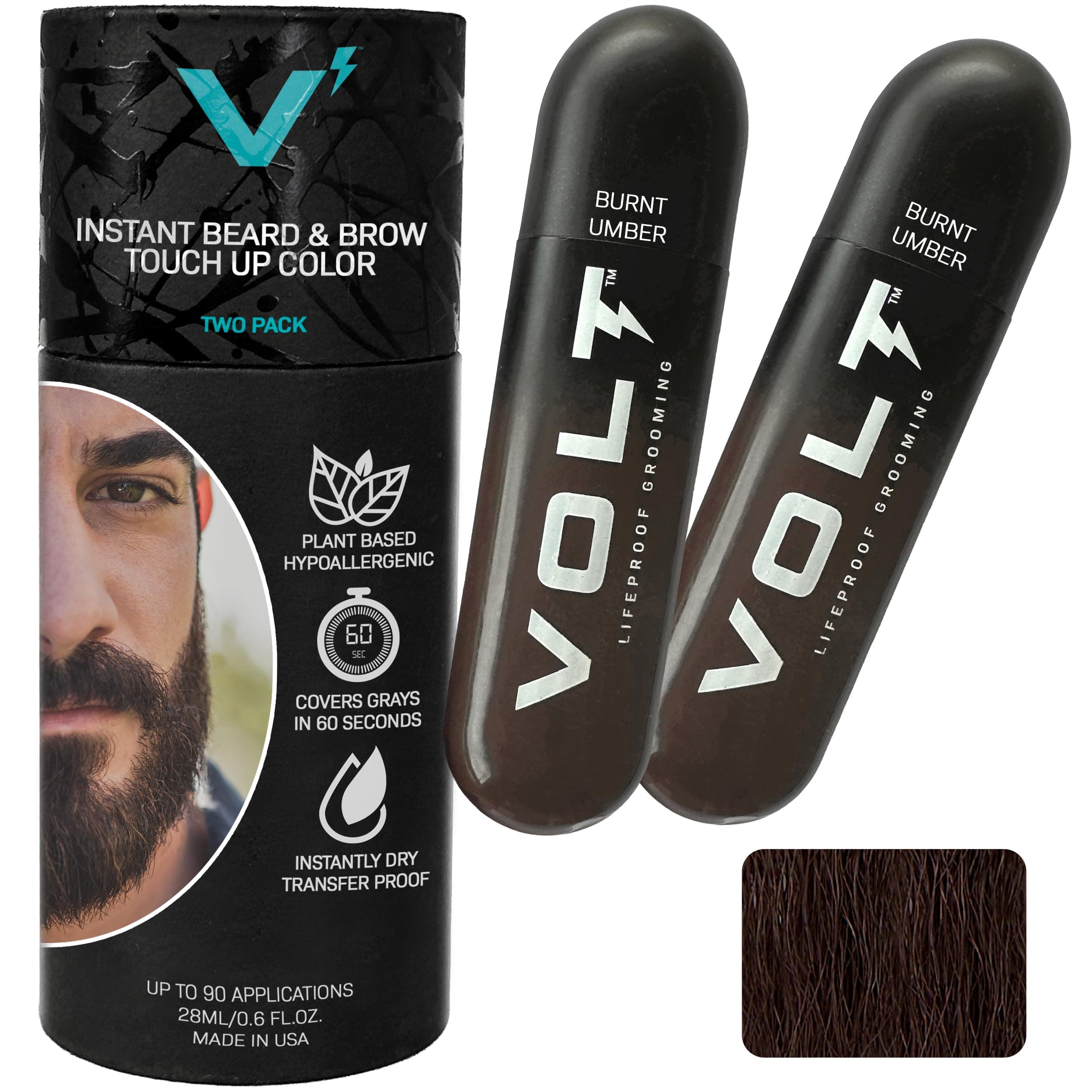VOLT Grooming Temporary Instant Beard Color for Men Quick-Dry Plant-Based Brush On Beard, Hair, Mustache & Brow Color, For Sensitive Skin, Burnt Umber Deep Dark Brown, 2-Pack Refill, 90+ Applications