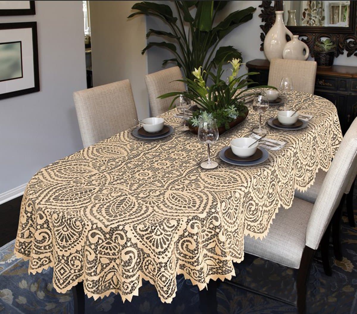 MforStyleLace Large Tablecloth Oval OR Round White OR Beige Premium Quality (140cm x 290cm (55" x 114") Oval, Beige)