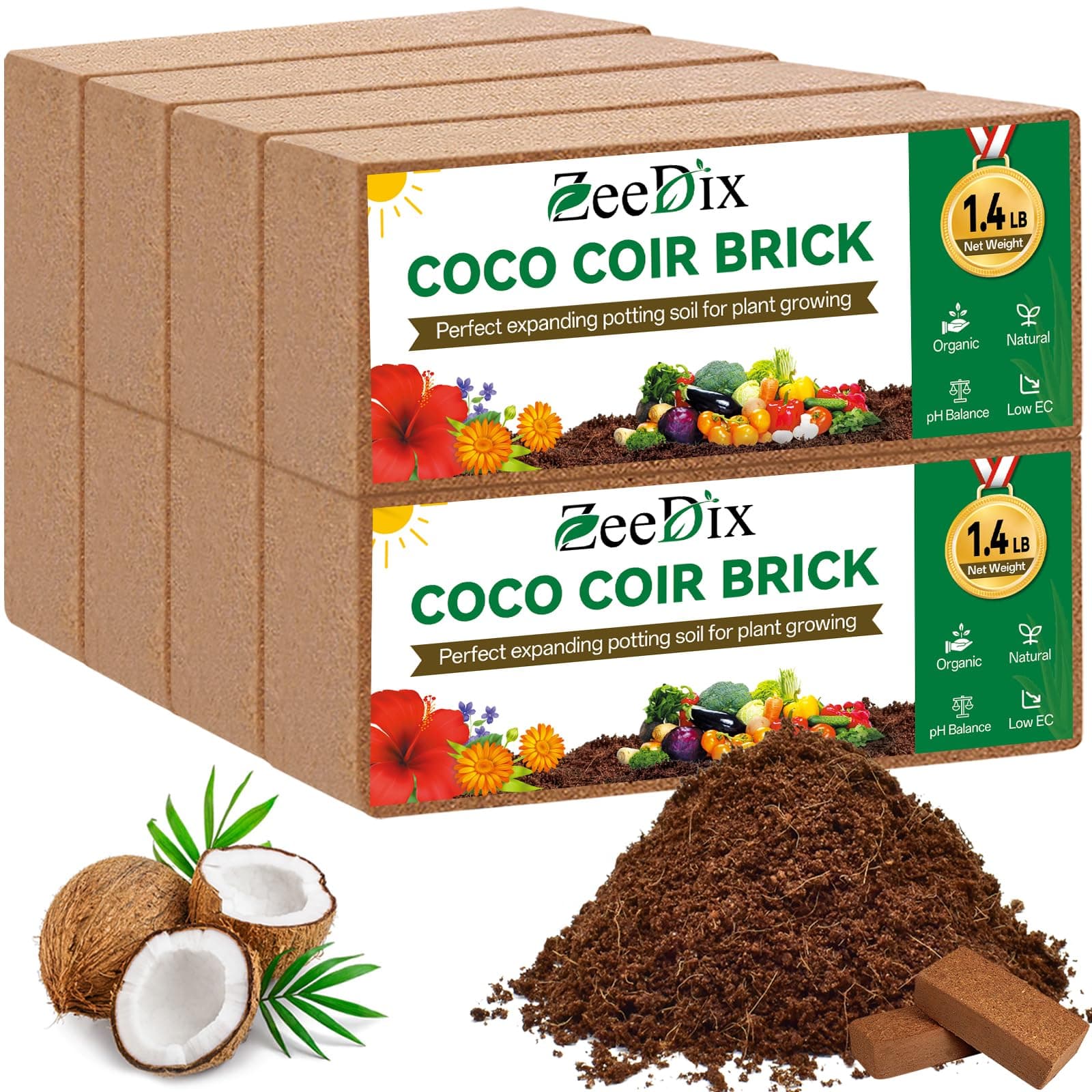 ZeeDix 8 Pack Coco Coir Brick (11.2lbs), 100% Organic Coconut Coir for Garden Soil & Potting Mix, Low EC and pH Balance, Compressed Coconut Husk Fiber for Seed Starter Soil for Indoor Outdoor Plants