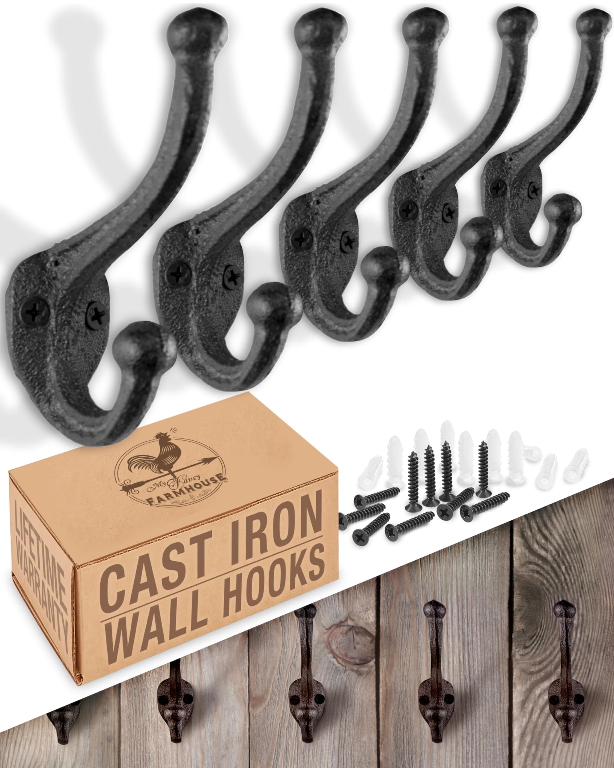 Rustic Cast Iron Coat Hooks (5 Pack) Wall Mounted Farmhouse Decorative Wall Hooks, Vintage Hooks for Hanging Coats, Bags, Hats, Towels (Antique Black, Includes Hardware)