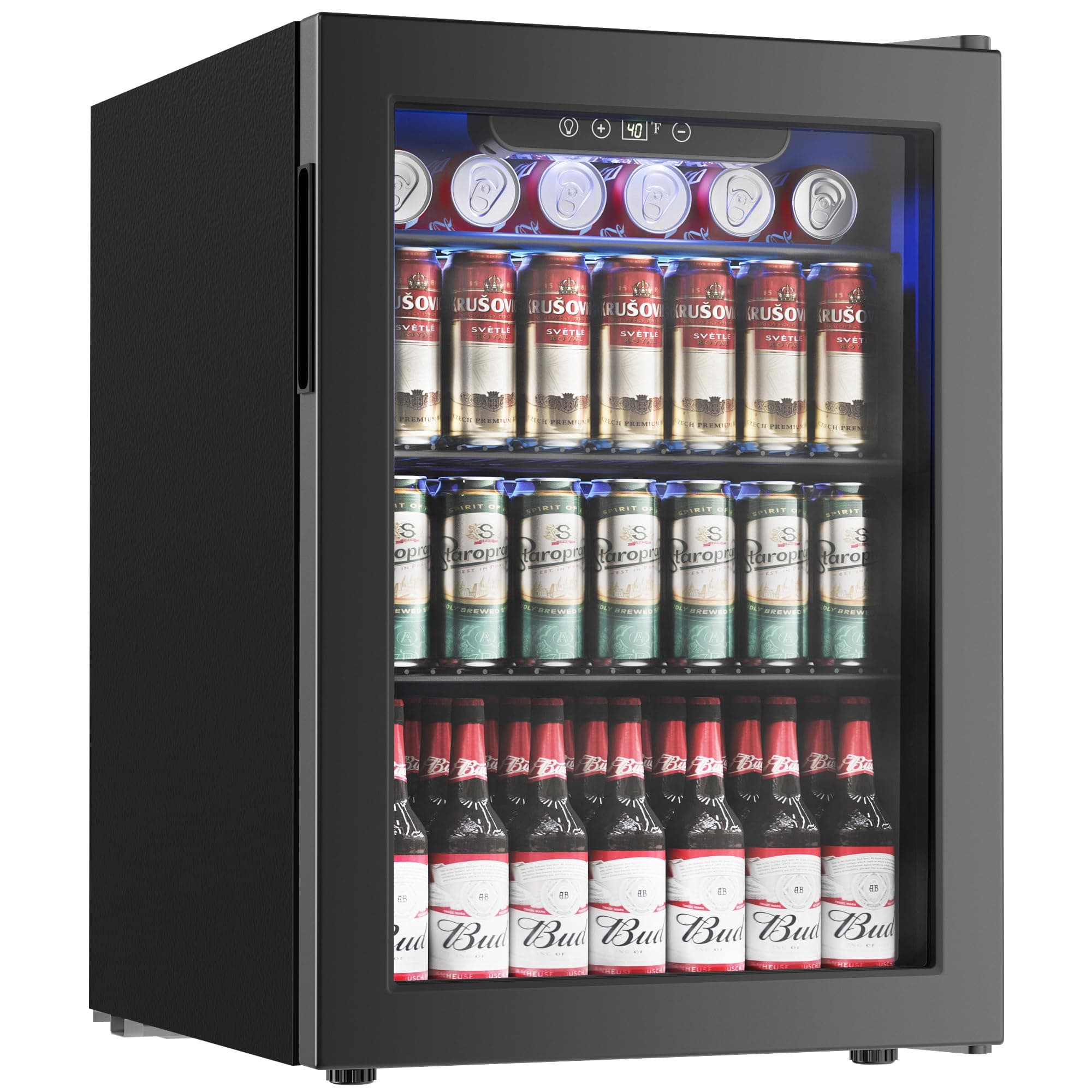 100 Can Beverage Refrigerator Cooler, 2.7 cu.ft Mini Fridge Glass Door for Beer Drinks Wines, Freestanding Beverage Fridge with Adjustable Shelves Blue LED for Home/Office/Dorm/Bar, Black