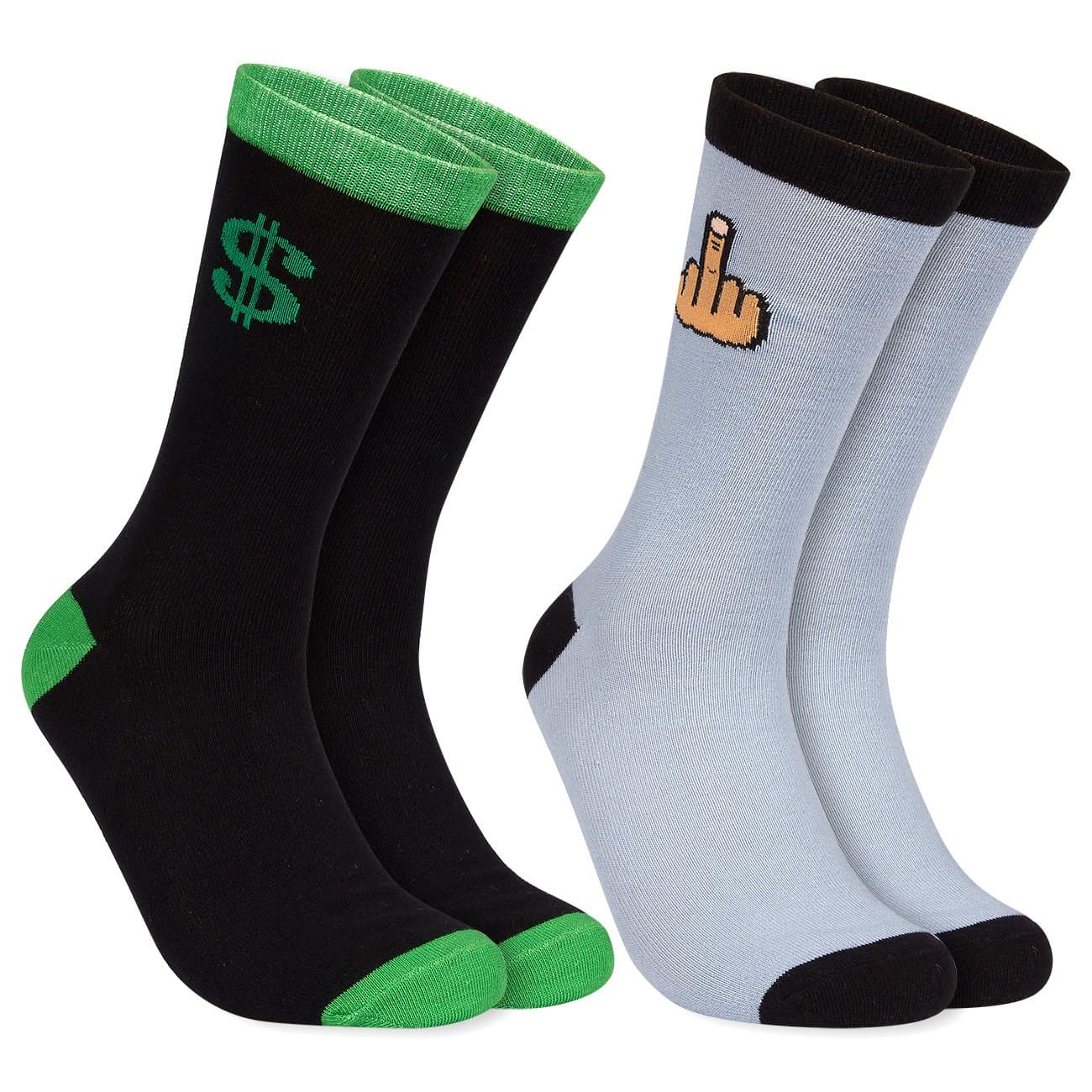 2-Pair Mens Novelty Socks - Funny Inappropriate Socks Printed Middle Finger Dollar Sign Illustrations Fits Shoe Size US 7-11