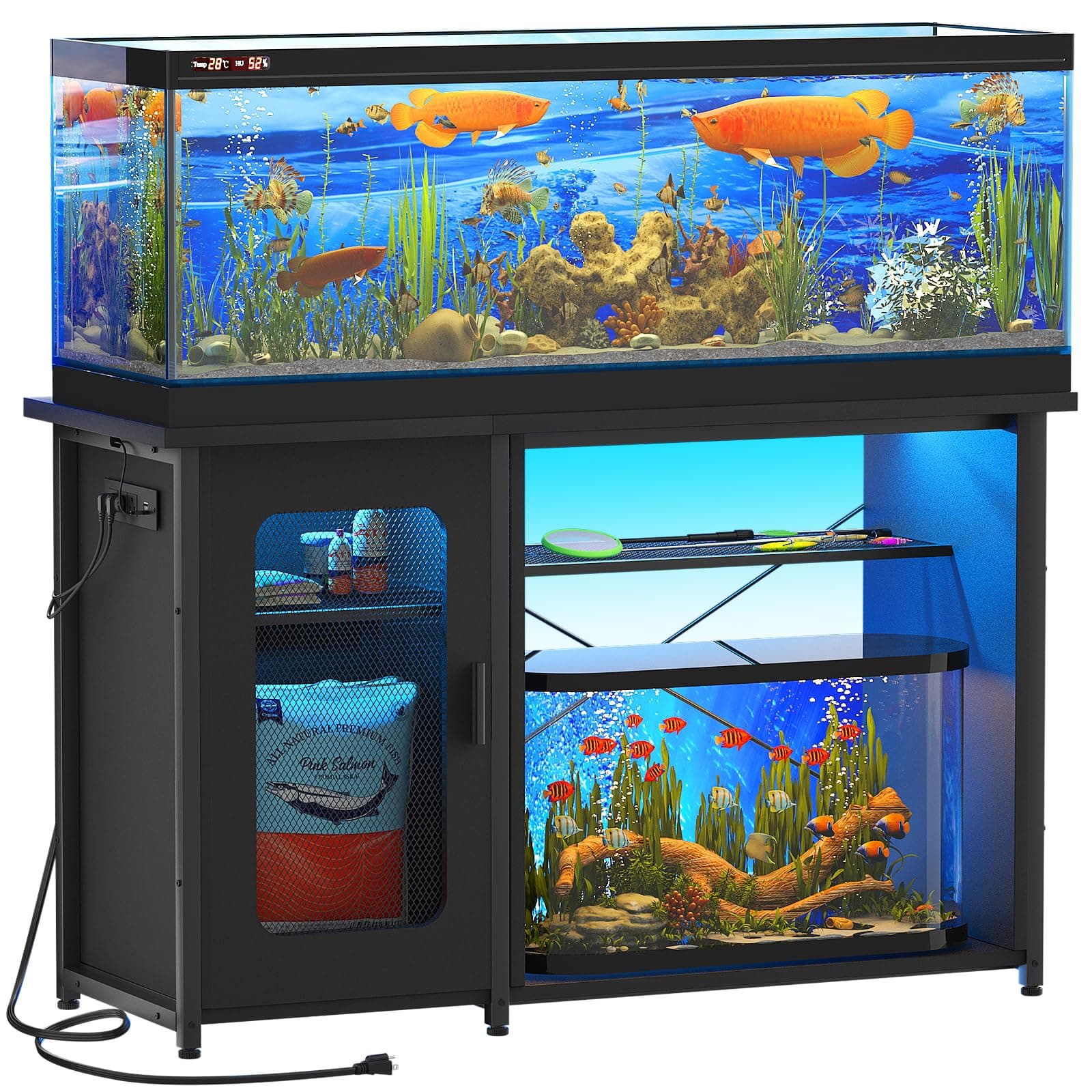 55-75 Gallon Fish Tank Stand with Power Outlets & LED Light, Reversible Heavy Duty Metal Aquarium Stand with Cabinet for Fish Tank Accessories Storage, Turtle/Reptile Terrariums, Black