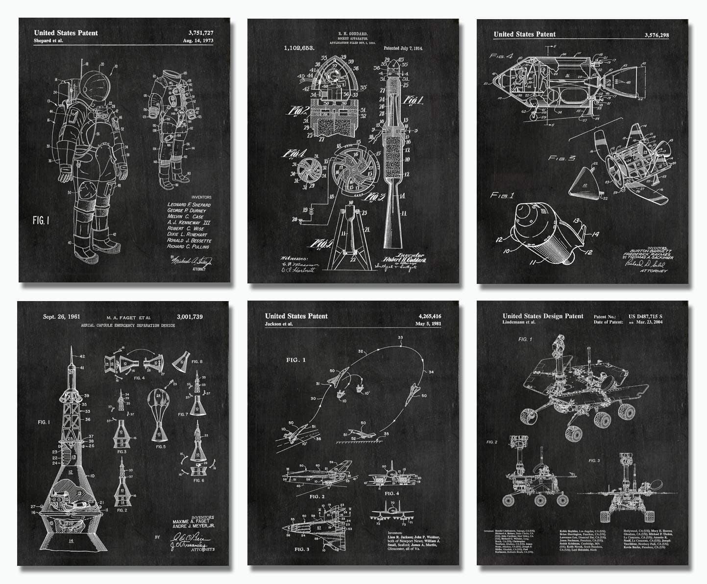 Space Decor Gifts - Outer Space Themed Bedroom Decorations - 6 (8x10 inch) UNFRAMED Wall Art Prints - Astronaut Geek Aerospace Engineering Science Lovers - Kids Room Patent Blueprint NASA