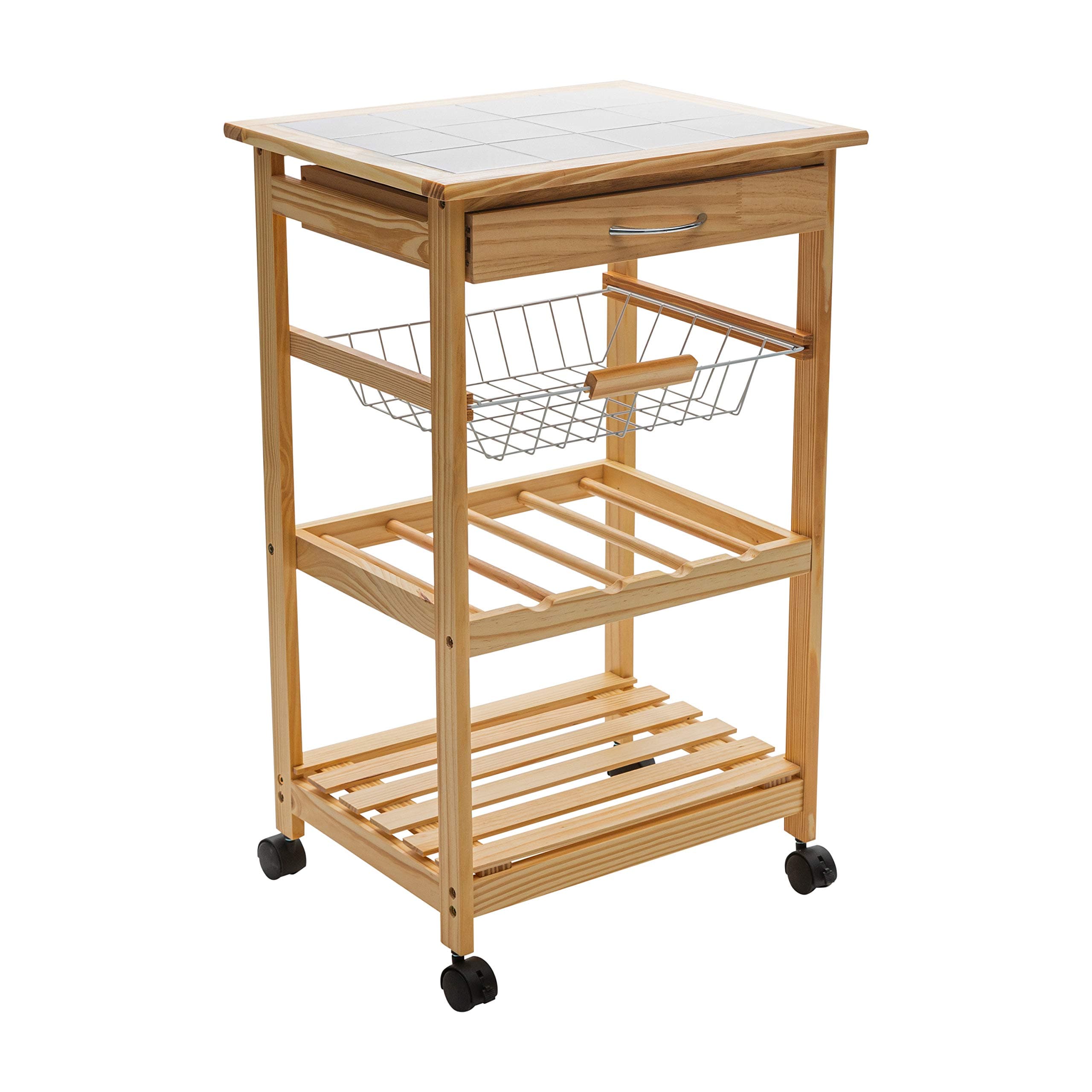 Organize It AllNatural Pinewood Multi-Purpose Mobile Kitchen Cart, Dimensions : 18.5 x 30 x 14.5 | Tile Top | Easy Movement | Kitchen Storage | Light Tan