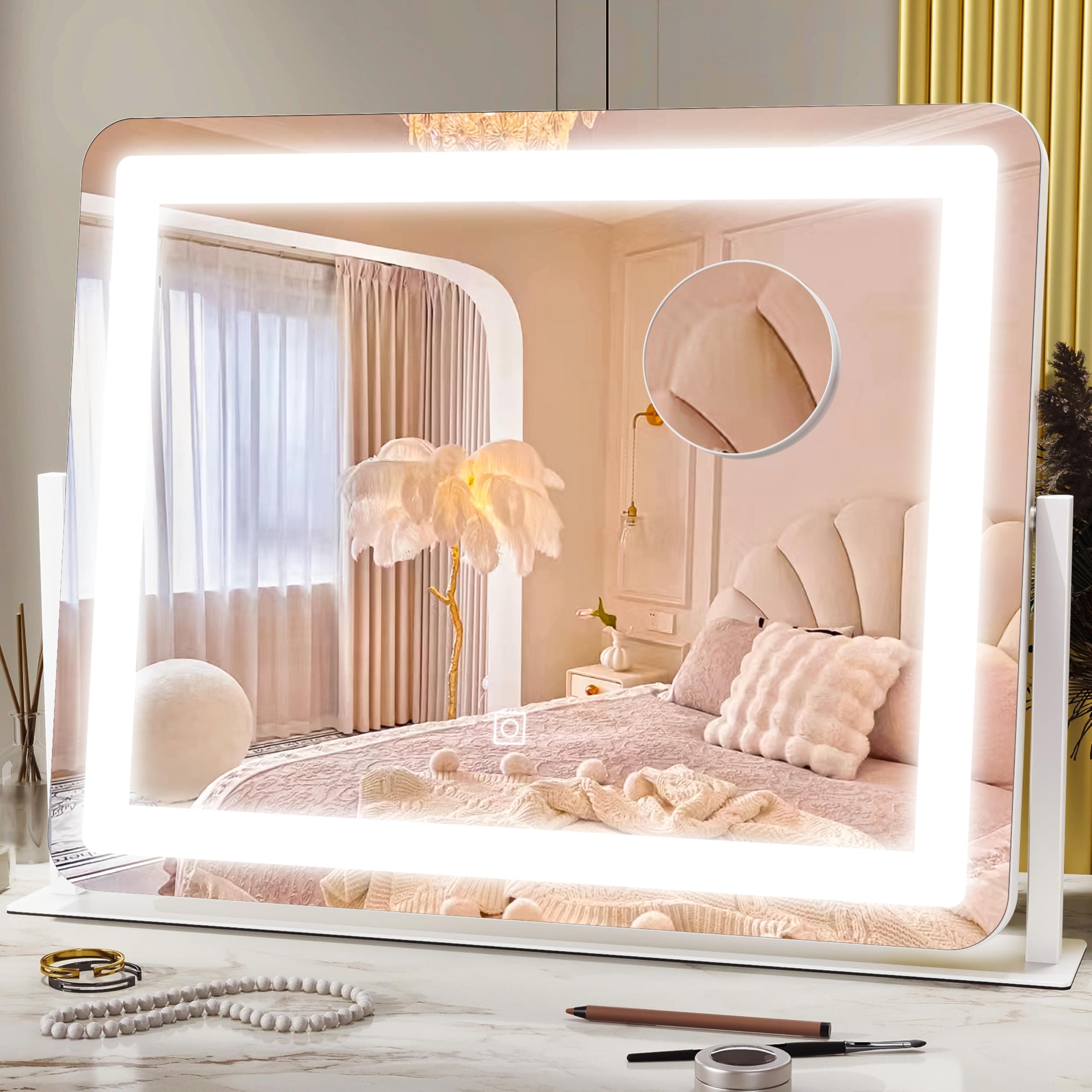 HNV 22"x17" Vanity Mirror with Lights, LED Makeup Mirror with 3 Color Modes & Dimmable Touch Control, 360° Rotation, Aluminum Frame, Large Lighted Mirror for Bedroom or Dressing Table