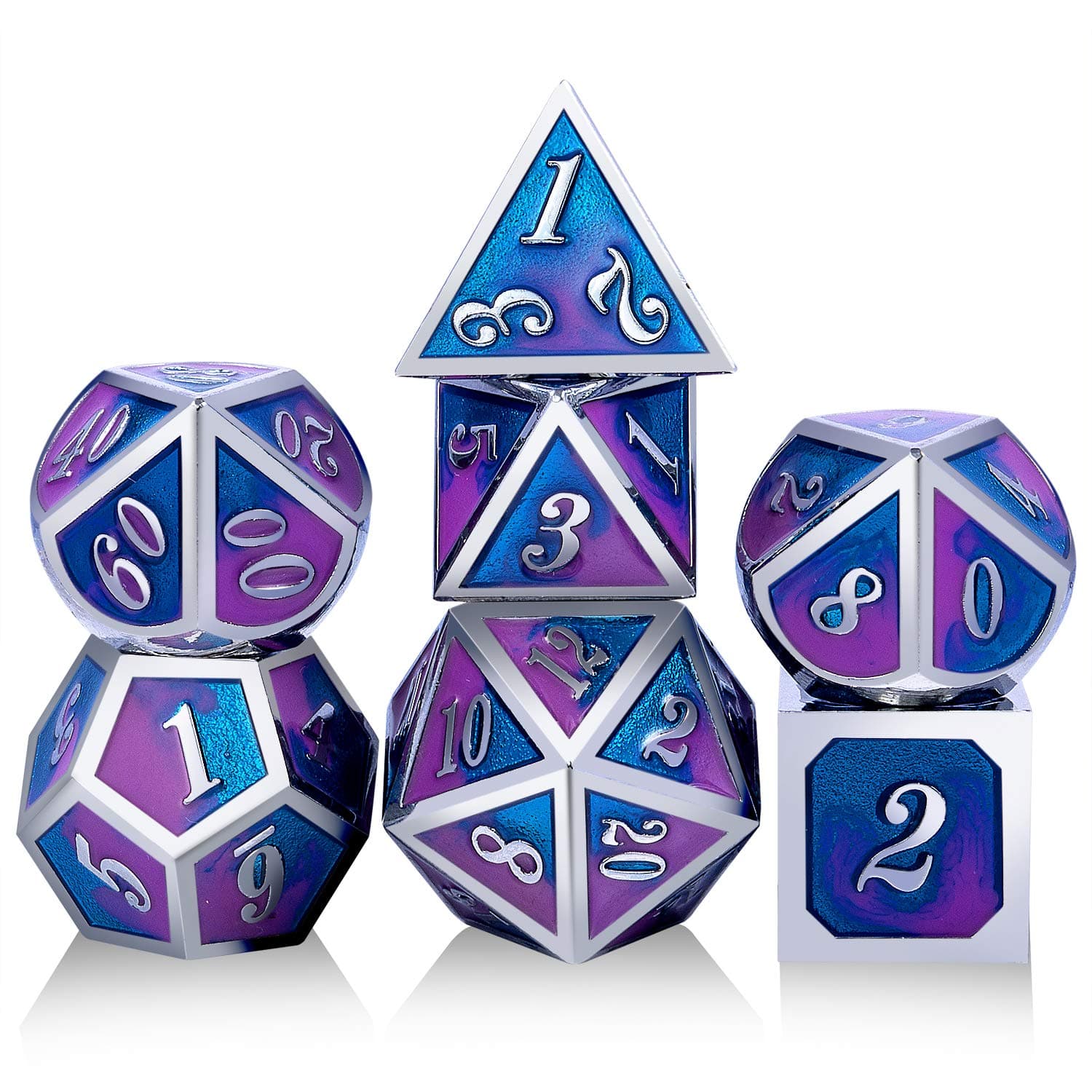 Metal Dice Set D&D,DNDND 7PCS Metallic Die for Role Playing Game DND Dugeons and Dragons(Pink and Blue with Silver Number)