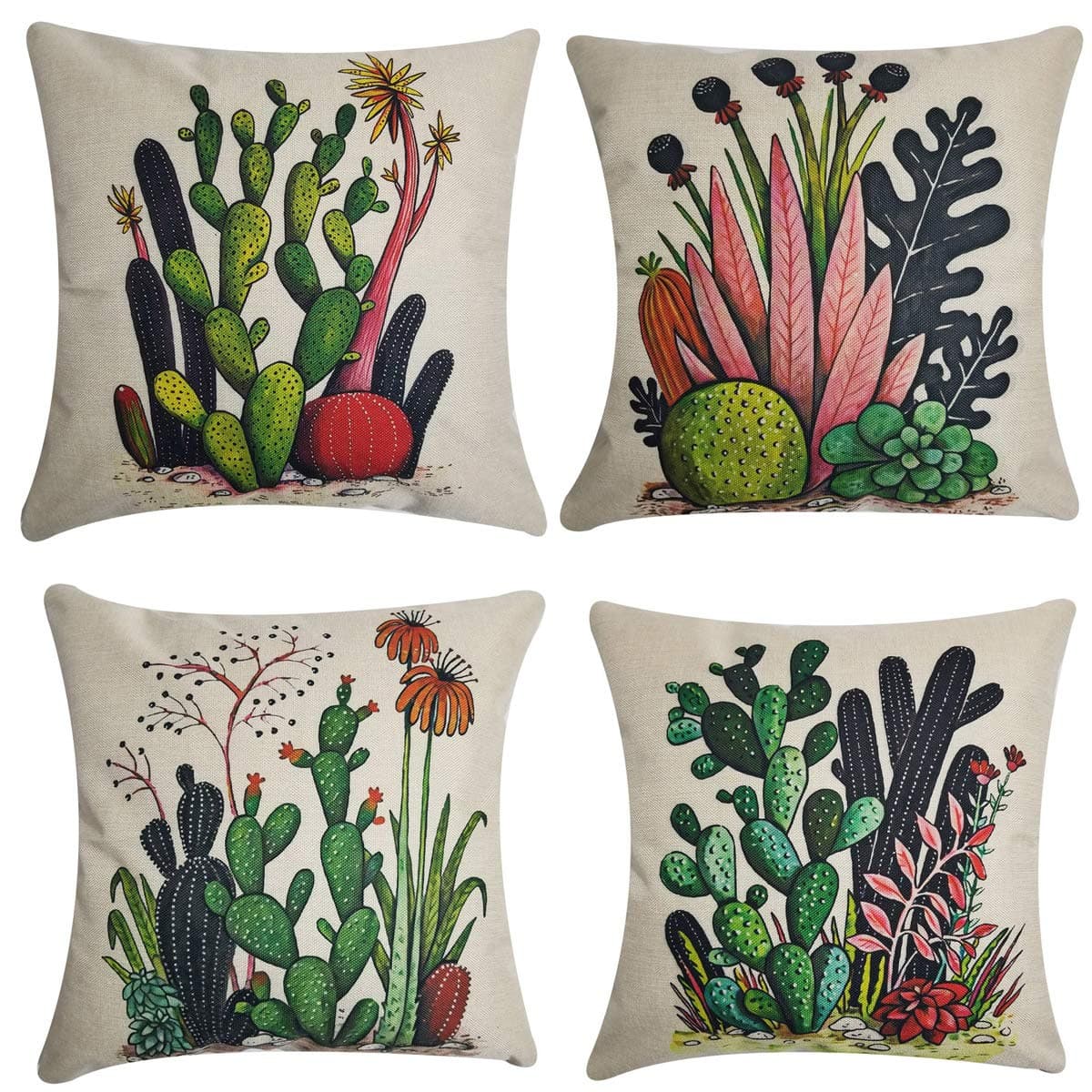 NING Cotton Linen Home Decorative Throw Pillow Case Set of 4 Cushion Cover 18" x 18" (Cactus)