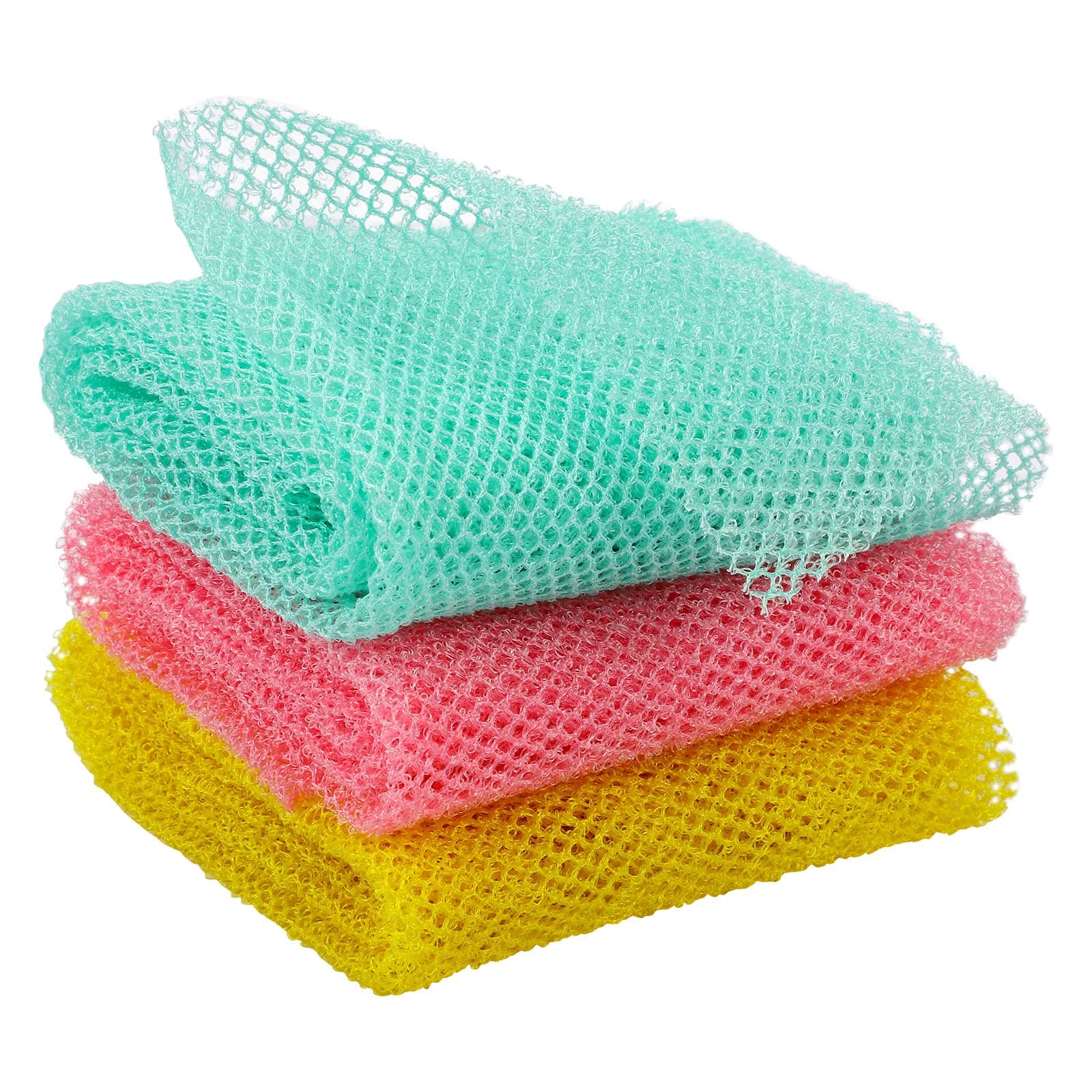 3 PCS African Exfoliating Net, 31.5 Inch Bath African Net Sponge, Exfoliating Cloth, Body Back Scrubber for Shower Bathing Exfoliating (Yellow green pink)