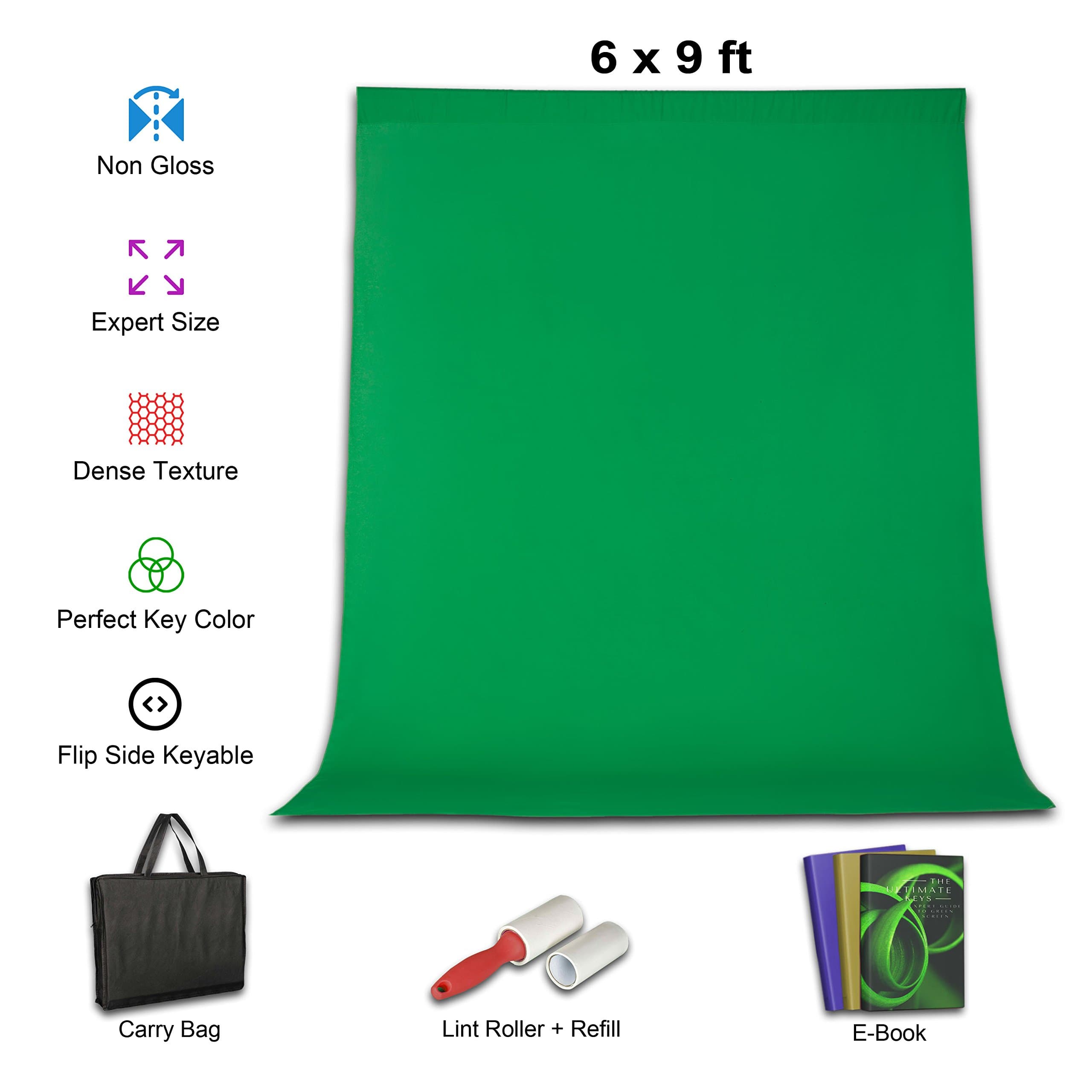 Green Screen Kit 6x9 Ft Photography Studio Backdrops |Chromakey Background Cloth for Videos & Gaming |100% Cotton Quality Woven Muslin |Bonus Zipper Bag and Lint Roller plus Extra Refill with 3 ebooks