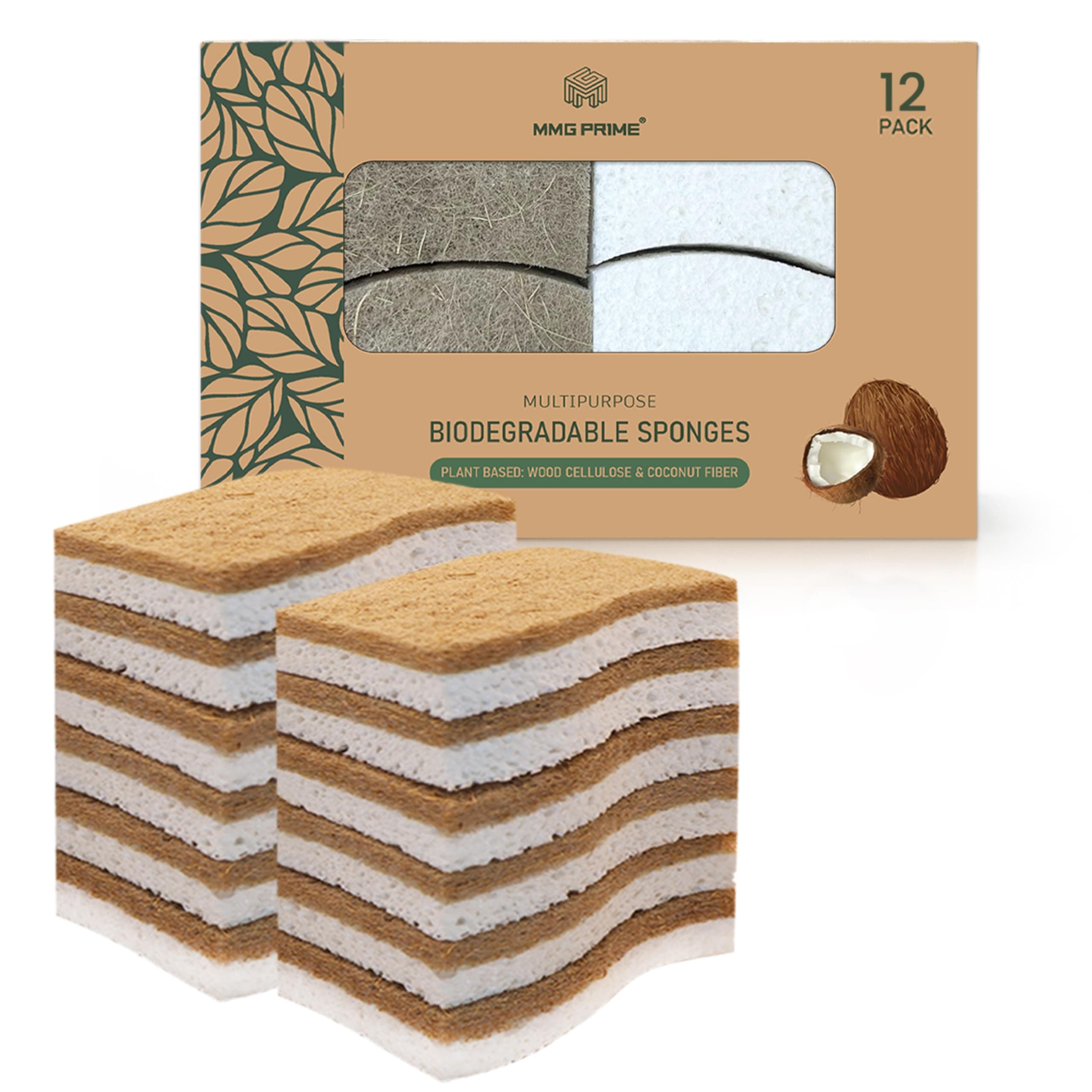 Natural Kitchen Sponge –12-Pack Biodegradable Sponges for Dishes –Compostable Dish Washing Scrubbers – Eco Friendly Non-Scratch Cellulose & Coconut Husk Scrubber Sponges for Cleaning