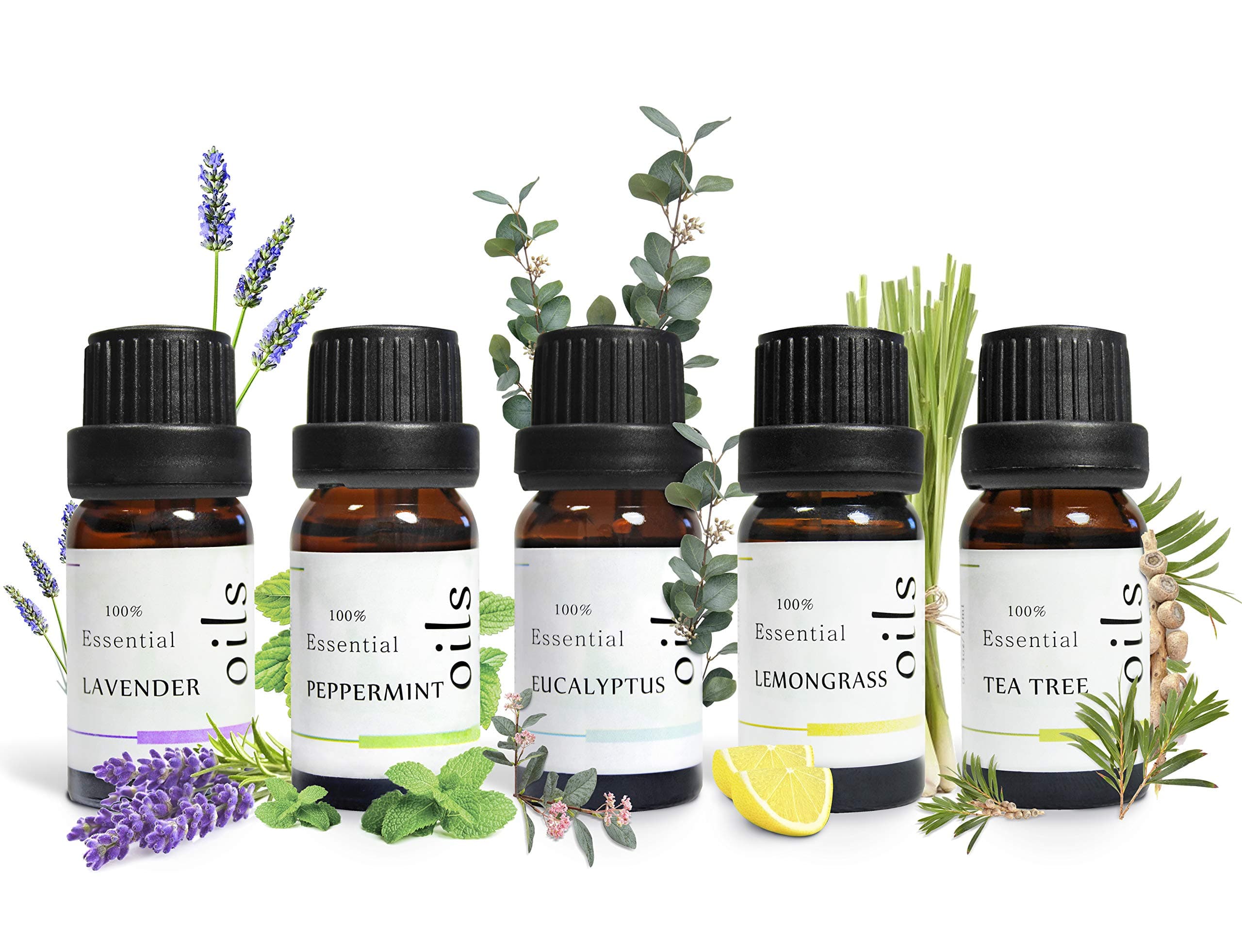 Essential Oils 100% Pure Organic 10ml (UK Company) Natural Diffuser Oils Aromatherapy Oil Peppermint Lavender Eucalyptus Tea Tree Lemon Grass, Pack of 5