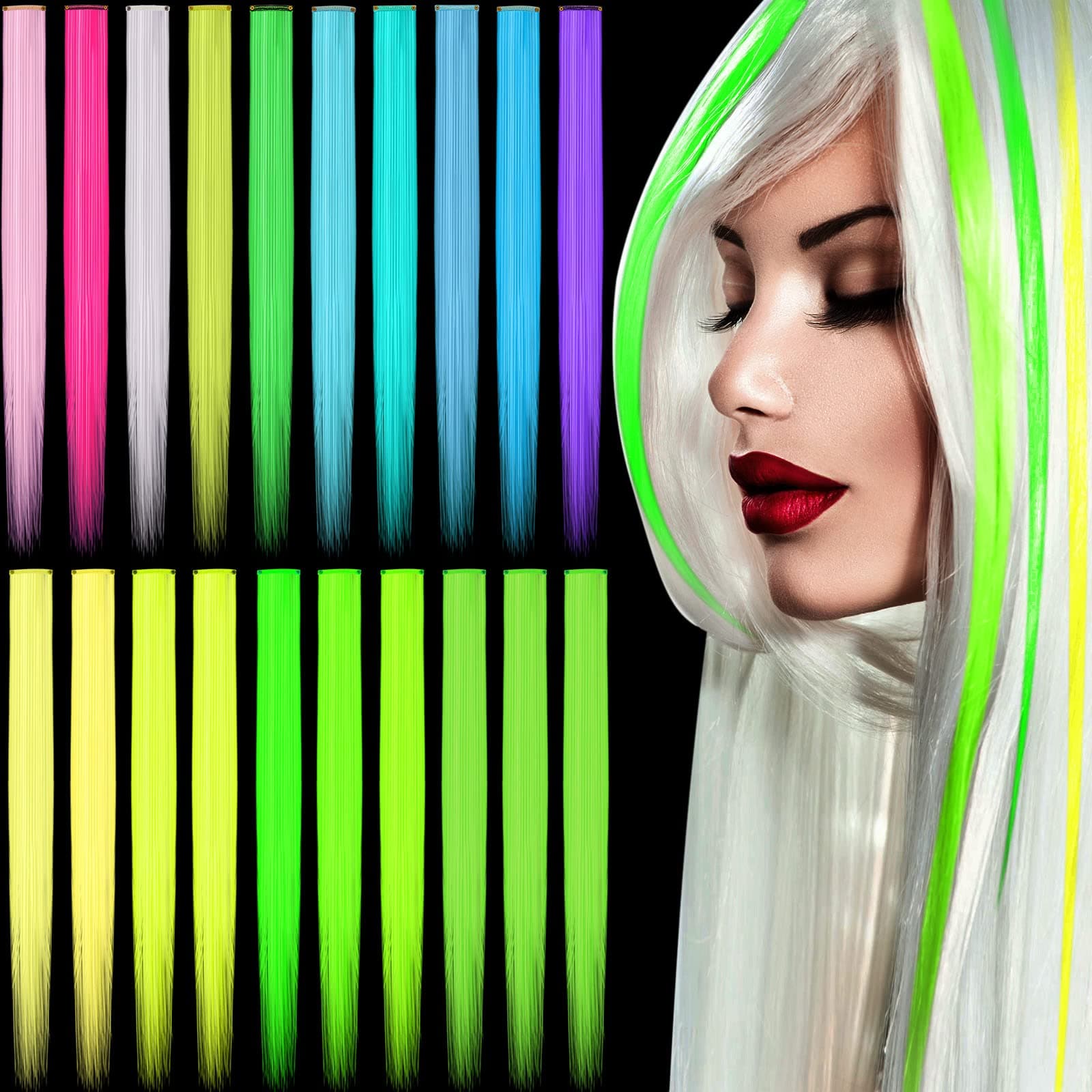 20 Pcs Glow in The Dark Colored Hair Extensions 20 Inch Straight Color Clip Rainbow Halloween Party Hairpiece for Women, 10 Color(Multicolor)