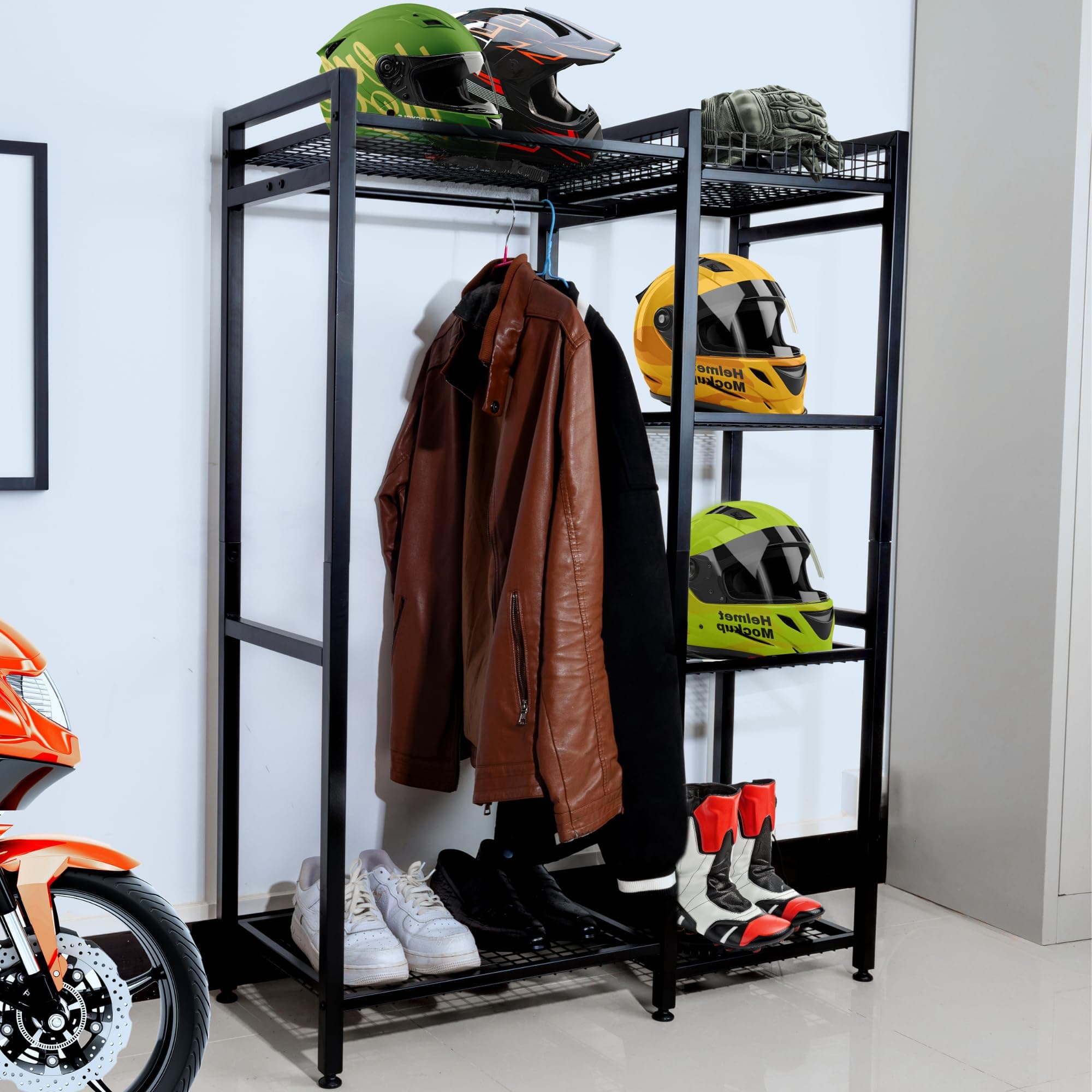 Motorcycle Helmet Stand - Large Helmet Holder, Gear Storage Rack, Display Shelf for Accessories, Jacket, Gloves and Boots