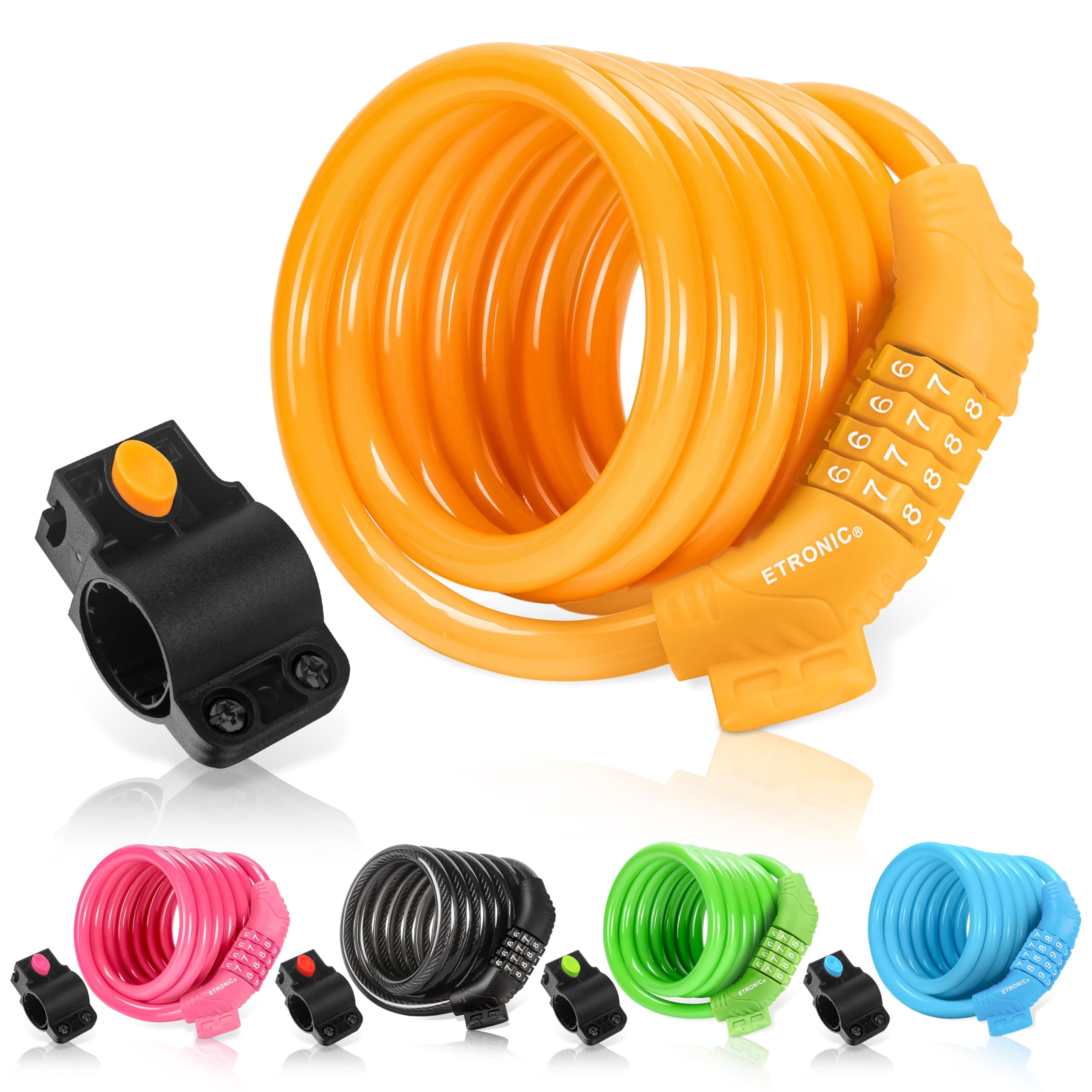 Etronic Bike Lock M6, Cable Lock 6 Feet Long Coiled Security Resettable Combo Combination Lock Bicycle Lock with Mounting Bracket