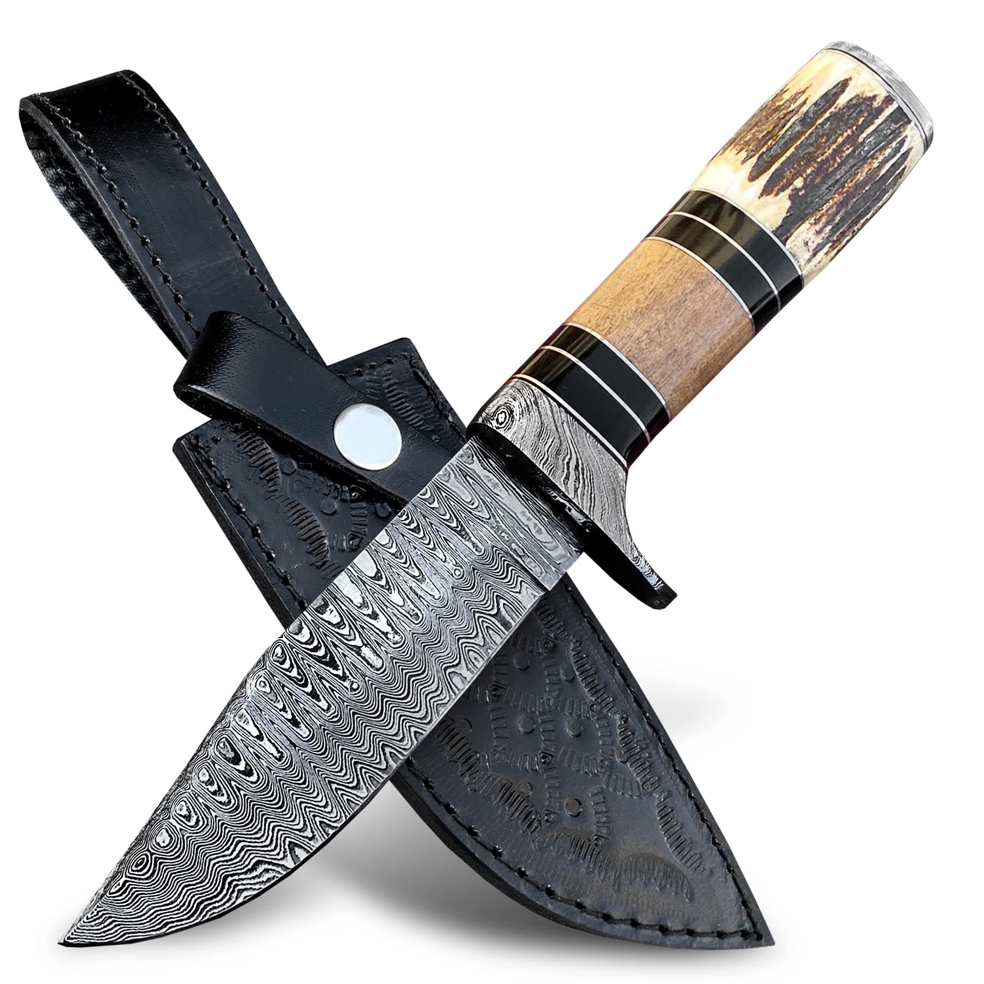 BMK-103 Bobcat Knife 8.5 Long 5 Blade 9 Ounce Damascus Hunting Fixed Blade Knife With Stag Antler Hand Made Word Class Knives