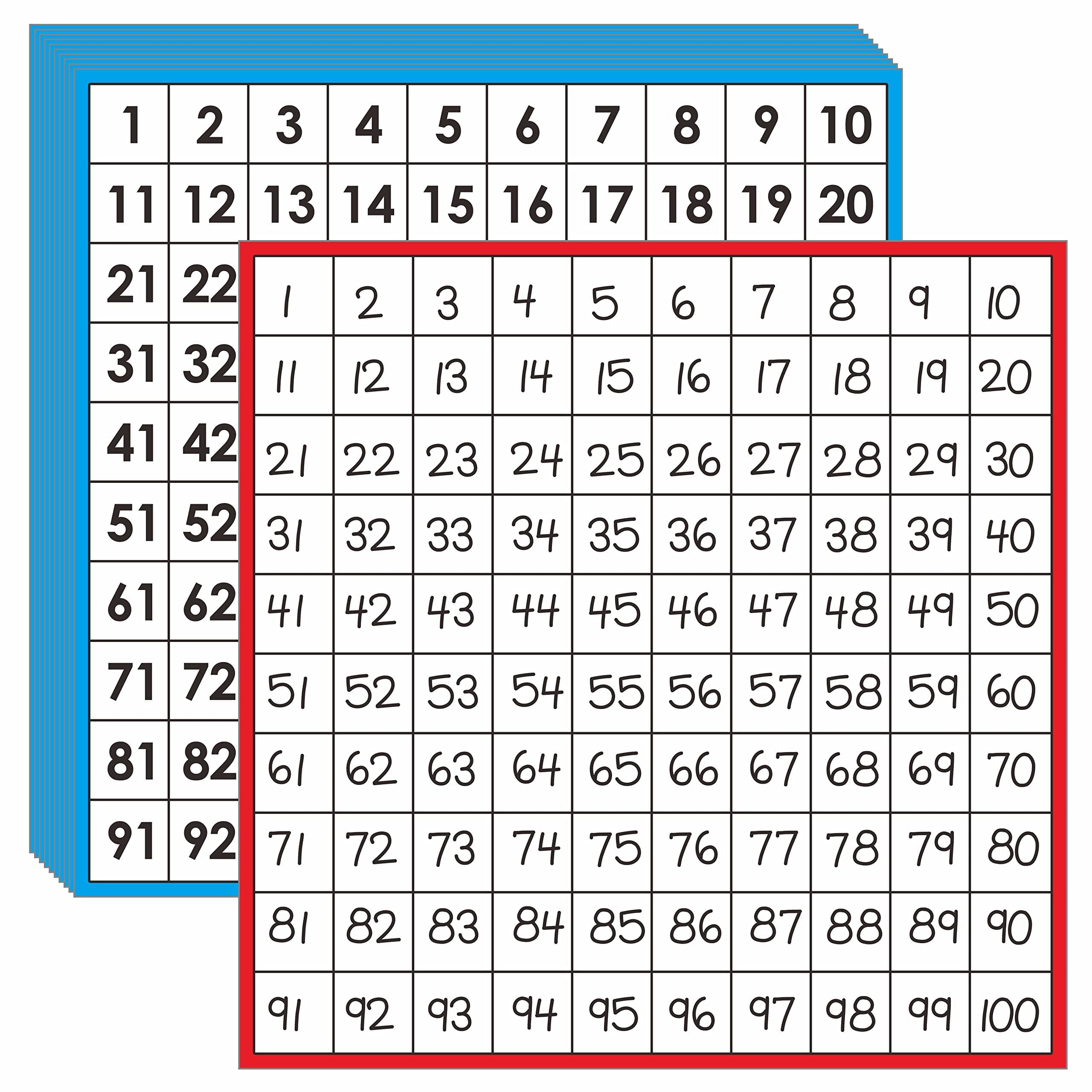 SpriteGru Math Hundred Boards, Laminated Double Sided Number 1-100 Chart Easy to Write Consecutive Number Counting Chart for Kids Classroom, Homeschool, School Supplies (10 Sheets)