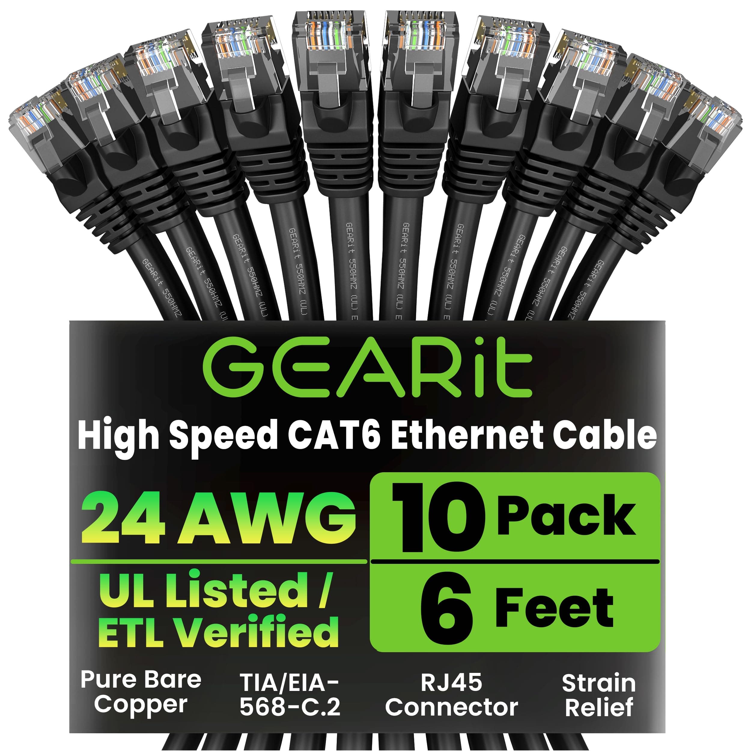 - Cat 6 Ethernet Patch Cable 6ft Black (10 Pack) — Cat 6 Patch Cables / Ethernet Patch Cable, 10Gbps 550MHz 24AWG Pure Copper, Snagless, Gold Plated RJ45 for Router, Server, Router, PC