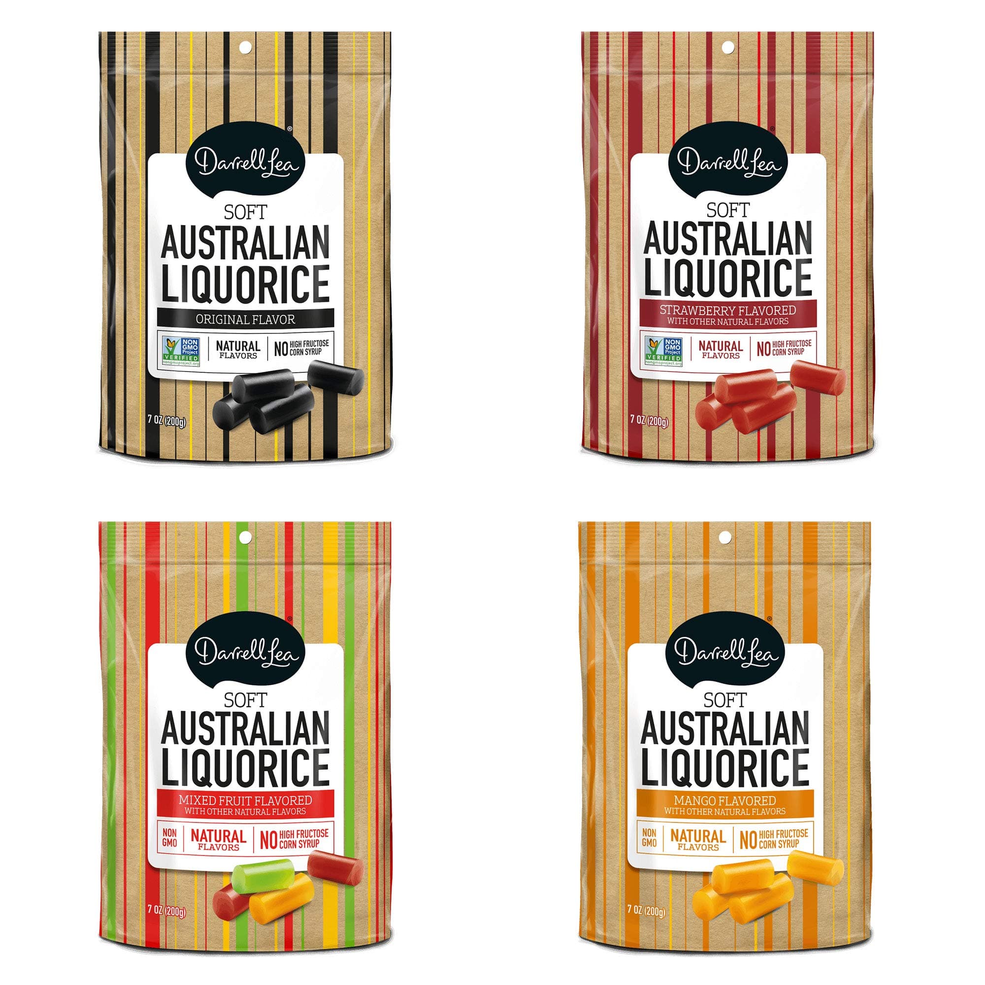 Darrell Lea Soft Eating Licorice Variety Pack, Original Black, Strawberry, Mango, Fruit mix, 7 Ounce Bags (Pack of 4, Total of 28 oz)
