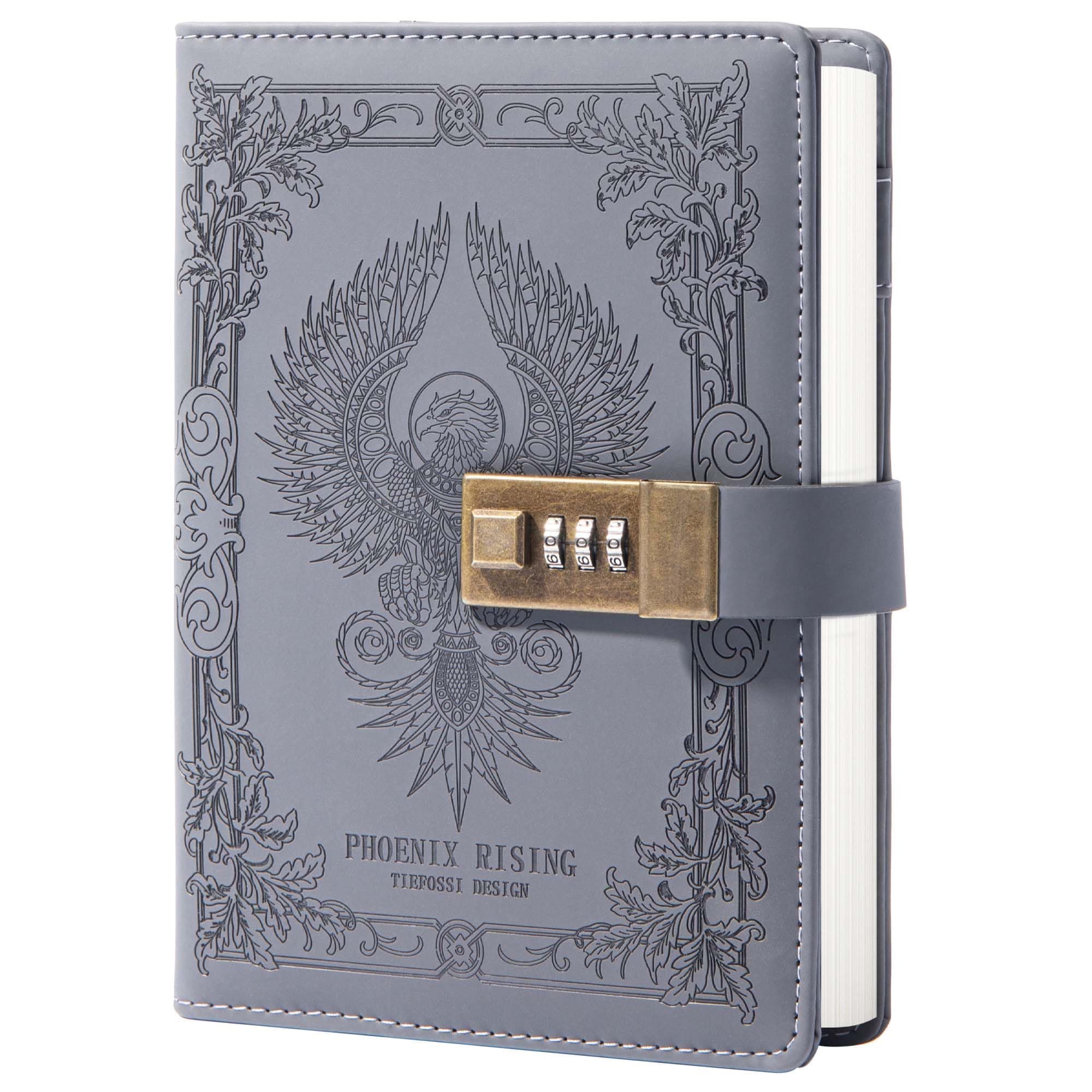 TIEFOSSI Phoenix Journal Notebook with Lock, Vintage Leather Locked Diary, B6 Travel Refillable Ruled Lined Writing Paper, Secret Password Gift Diary for Women Girls Boys