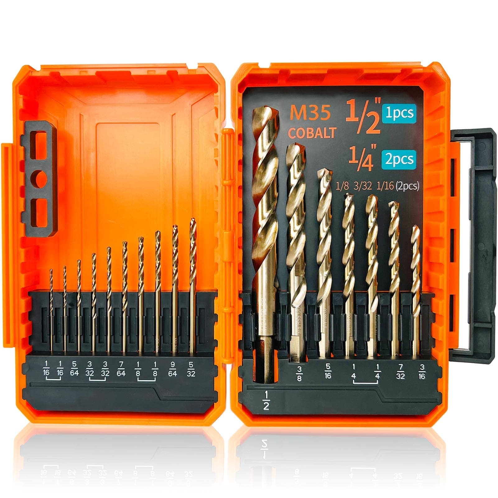 Cobalt Drill Bit Set (1/16-1/2 Inch, 17PCS), M35 High Speed Steel Twist Drill Bits for Stainless Steel, Hard Metal, Cast Iron, Plastic and Wood