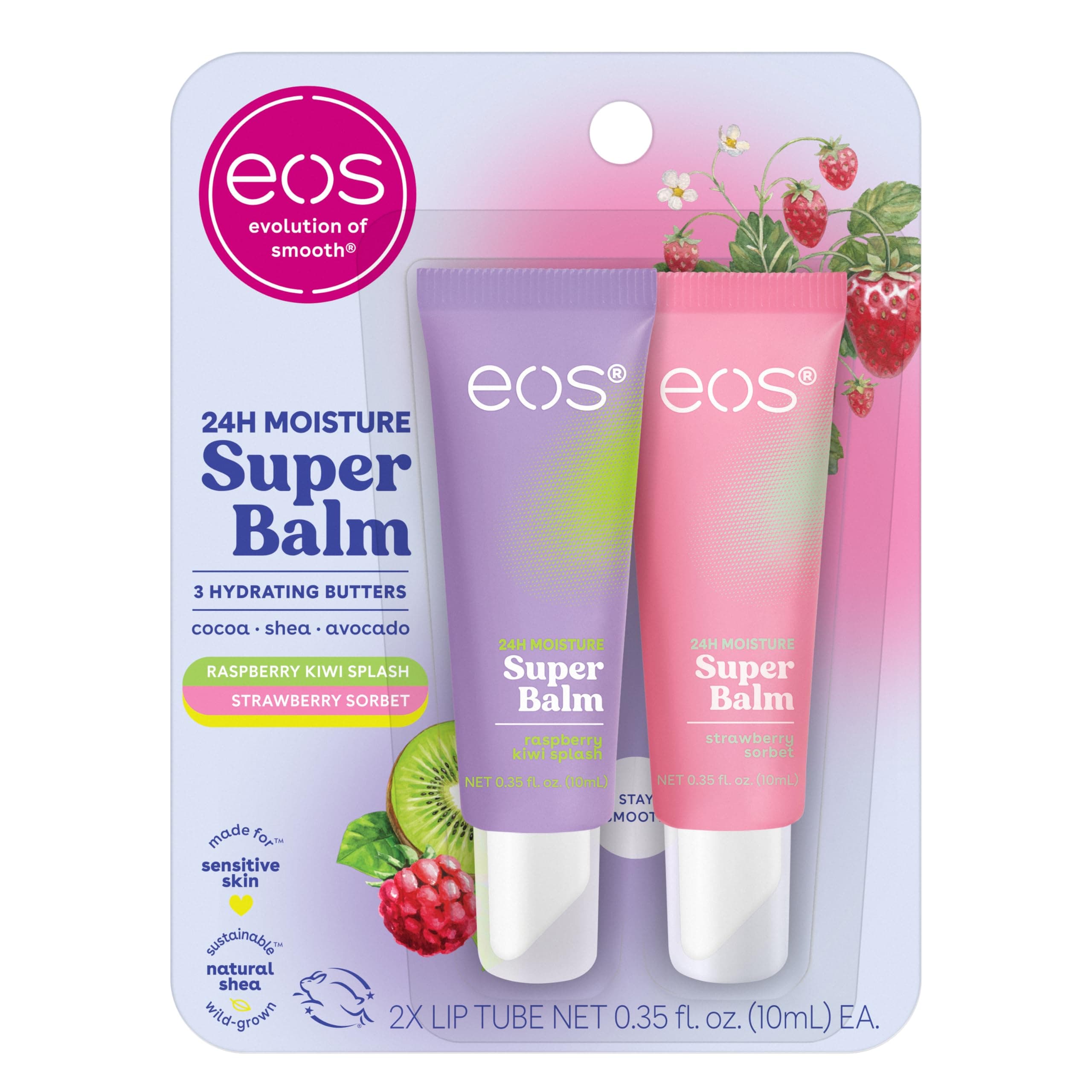 24H Moisture Super Balm- Raspberry Kiwi Splash & Strawberry Sorbet, Lip Mask, Day or Night Lip Treatment, Made for Sensitive Skin, 0.35 fl oz, 2-Pack