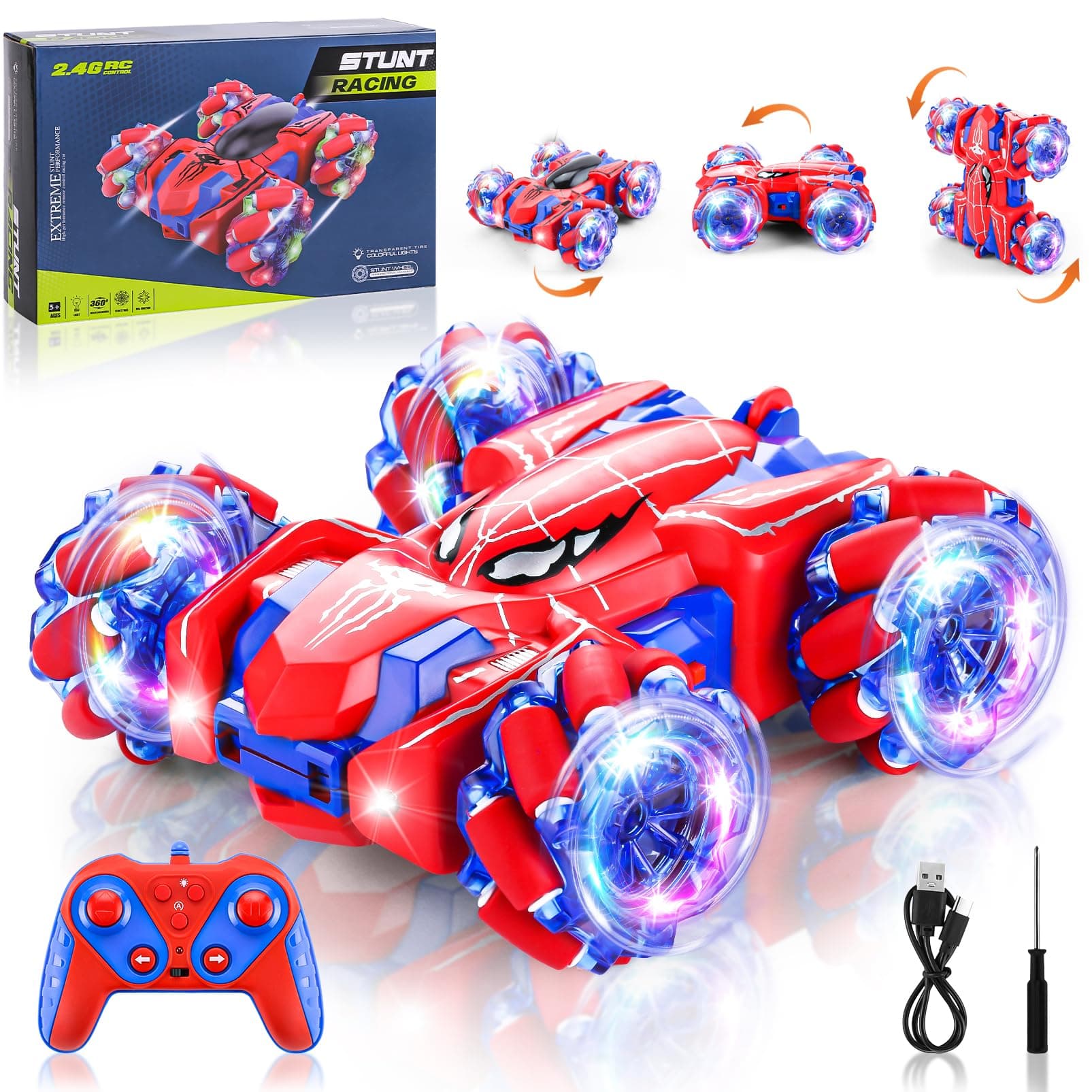 Spider Remote Control Car, 2.4Ghz RC Cars with Headlight Double Sided Off-Road 360° Rotating Rechargeable 4WD RC Stunt Car Indoor Outdoor Spider Toys for Boys 4-6 5-7 8-13