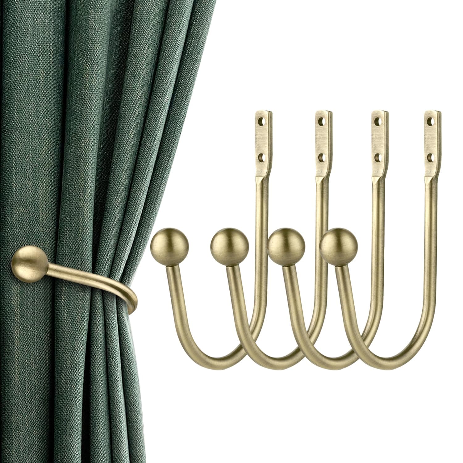 Curtain Holdbacks, 4pcs Curtains Holder Wall Mounted Drapery Tiebacks Retro Window Hook for Home Decor, Antique Brass