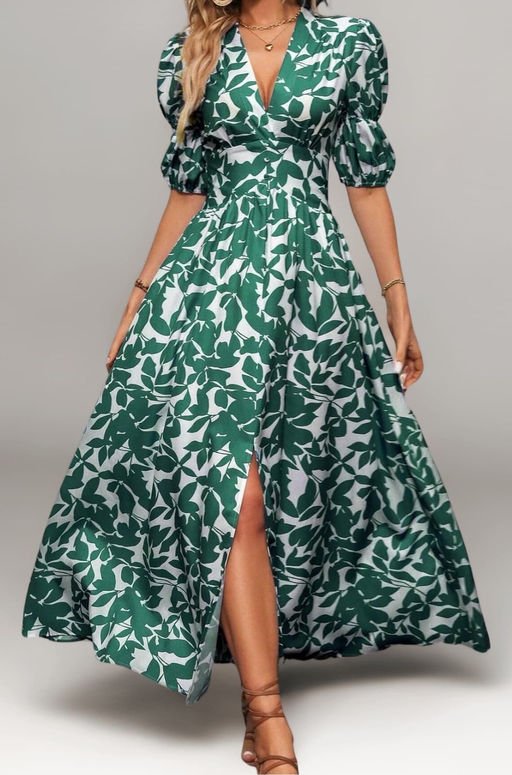 Women's V-Neck Slit Maxi Dress Printed Boho Style, Short Sleeve, Tie Waist, Summer Casual Outfit