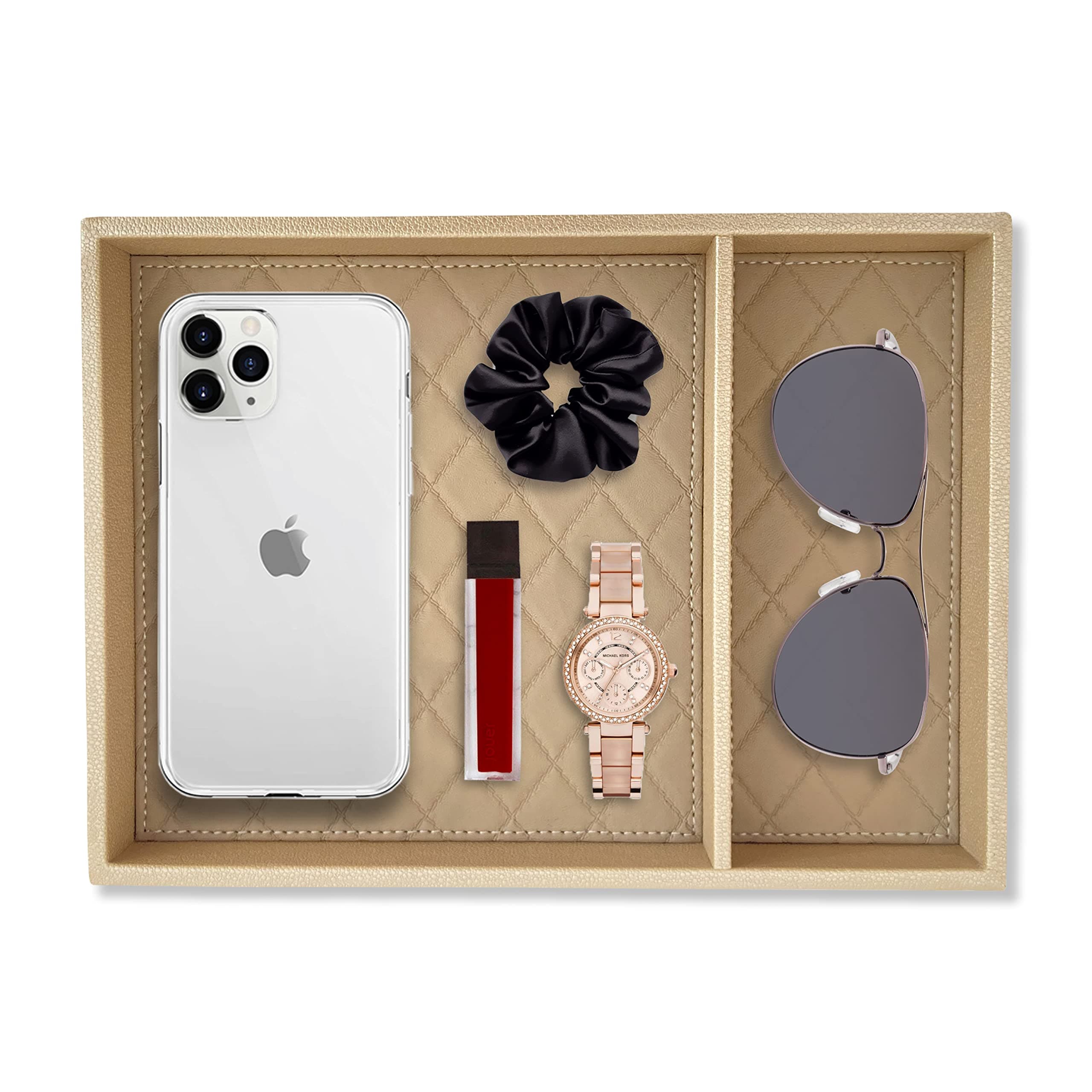 – LEART Leather Valet Tray with Divider - Leather Tray Organizer | Bedside, Nightstand, Office Desk Organizer | Catchall Tray for Wallet, Mobile Phone, Watch, Stationary (Cream)