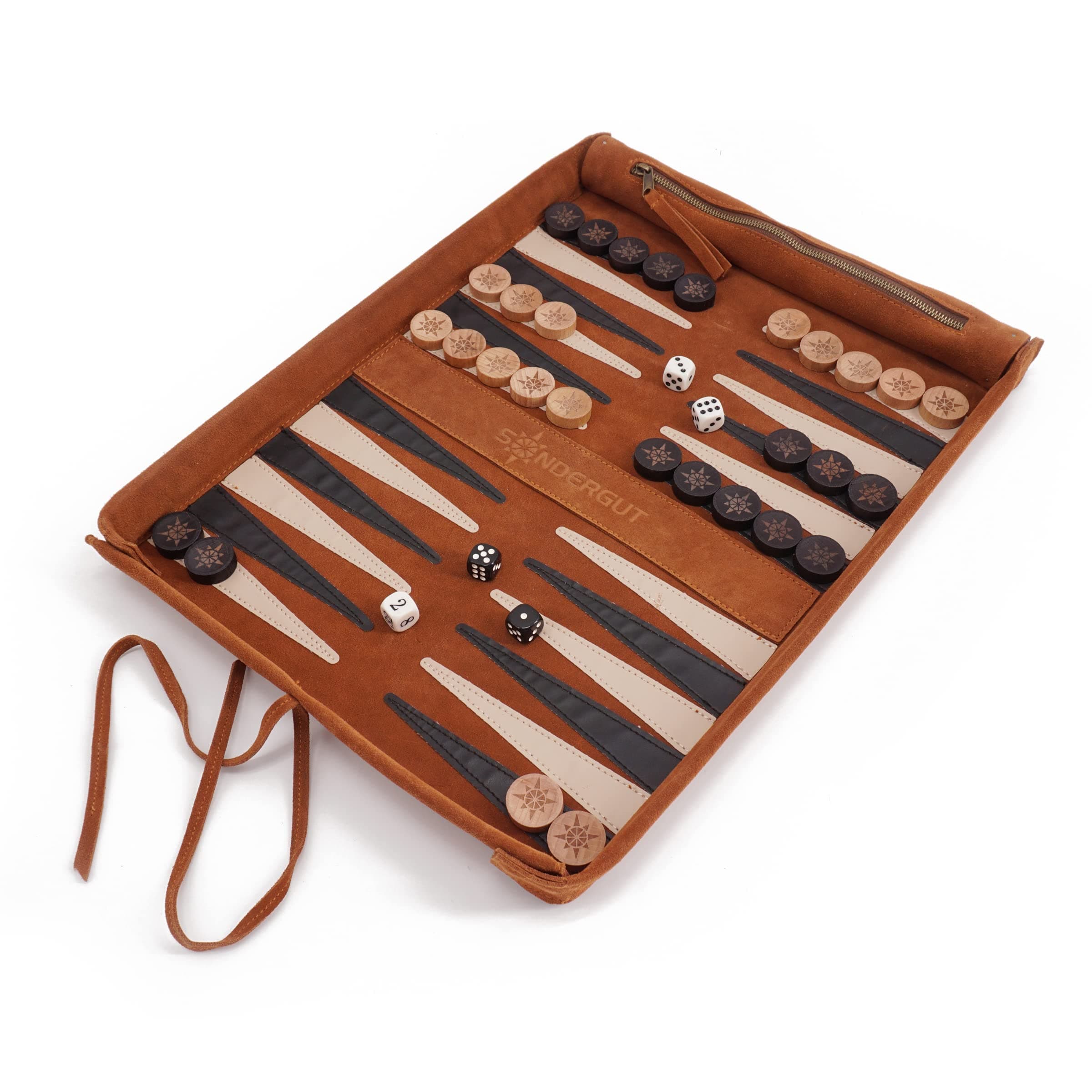 Sondergut - Backgammon - Genuine Leather Backgammon - Travel Backgammon Deluxe - Real Leather Game for Rolling - Includes Wooden Tiles and Dice