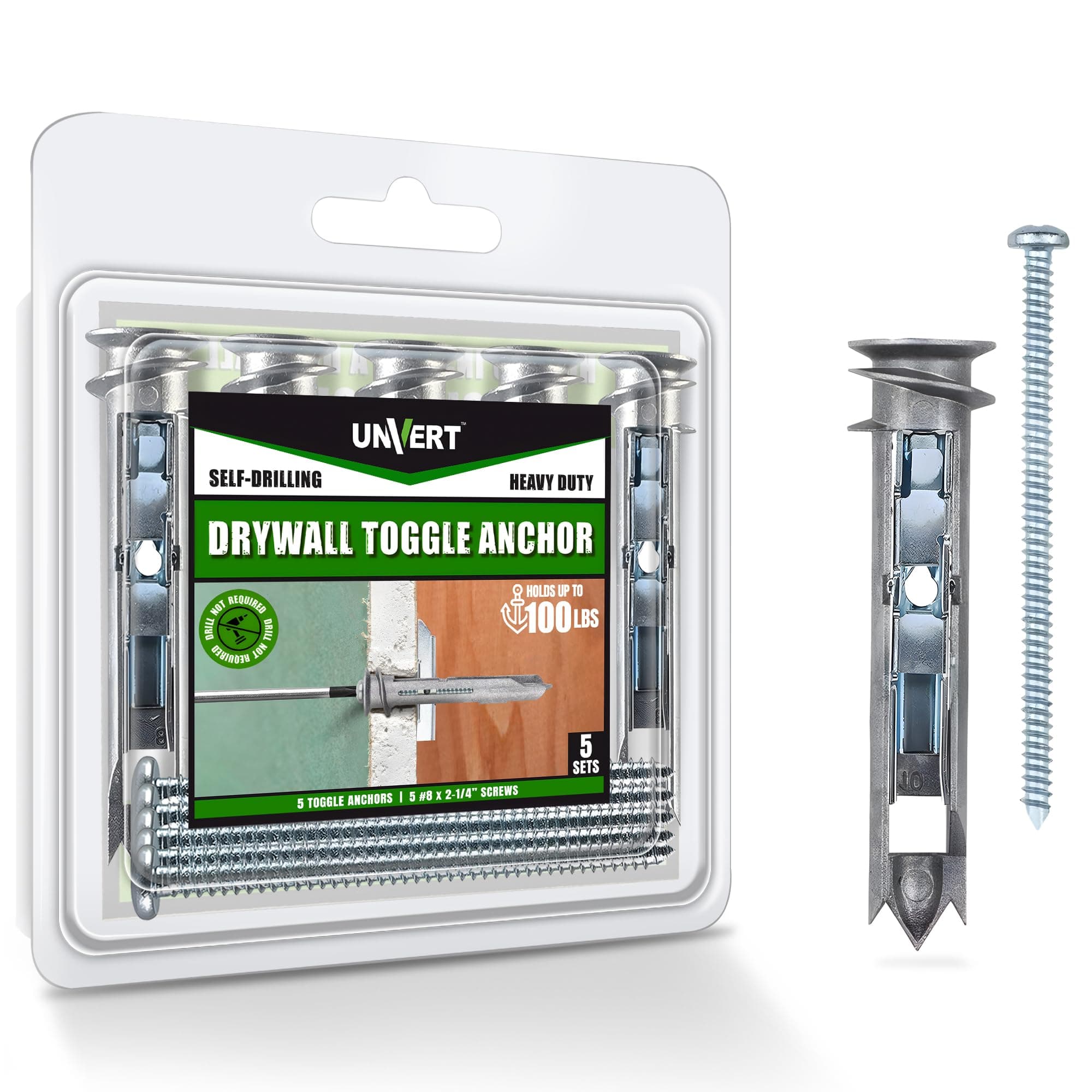 Self Drilling Ez Drywall Toggle Anchor Kit, Heavy Duty #8 Anchor with Screws - Easy Wall Ancors for Hanging and Mounting - Holds Up to 100 Lb. (5 Pack)