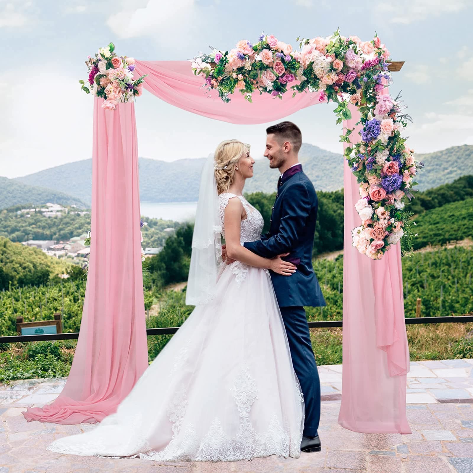 Partisout 2 Panles Pink Chiffon Wedding Arch Drapes 21FT Chiffon Fabric Drapery for Arbor Wedding Archway Sheer Swag for Wedding Arch Decorations for Ceremony Ceiling Decor Backdrop Pink