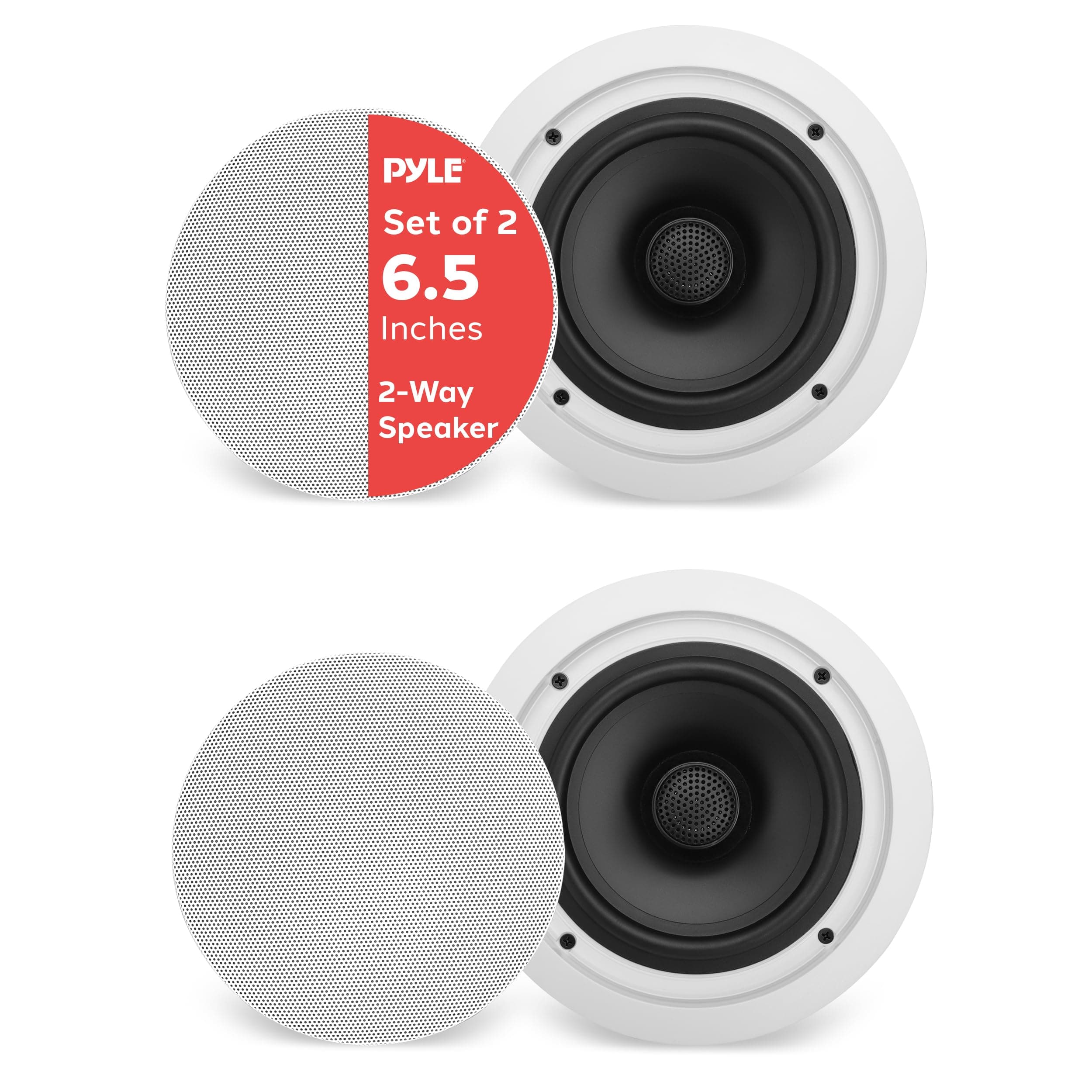 Pyle 6.5” 70v Ceiling Mount Speakers - Pair of 2-Way Midbass Woofer Speaker Transformer 1” Titanium Dome Tweeter Wall Flush Design w/ 65Hz-22kHz Frequency Response & 250 Watts Peak - PDIC60T