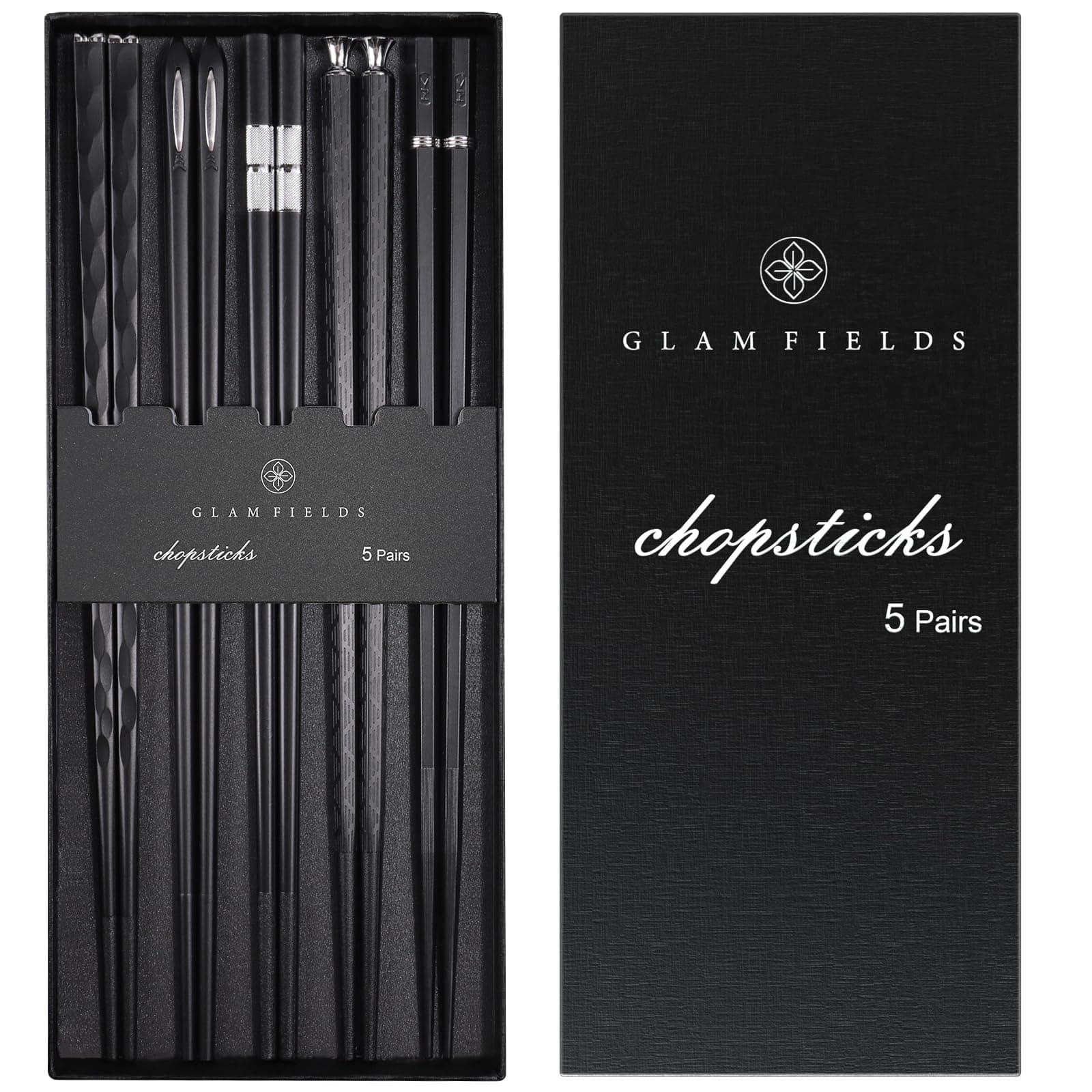 GLAMFIELDS 5 Pairs Premium Chopsticks Reusable Dishwasher Safe 9.5 Inch Fiberglass Chop Sticks Gift Set Non Slip Black + Silver