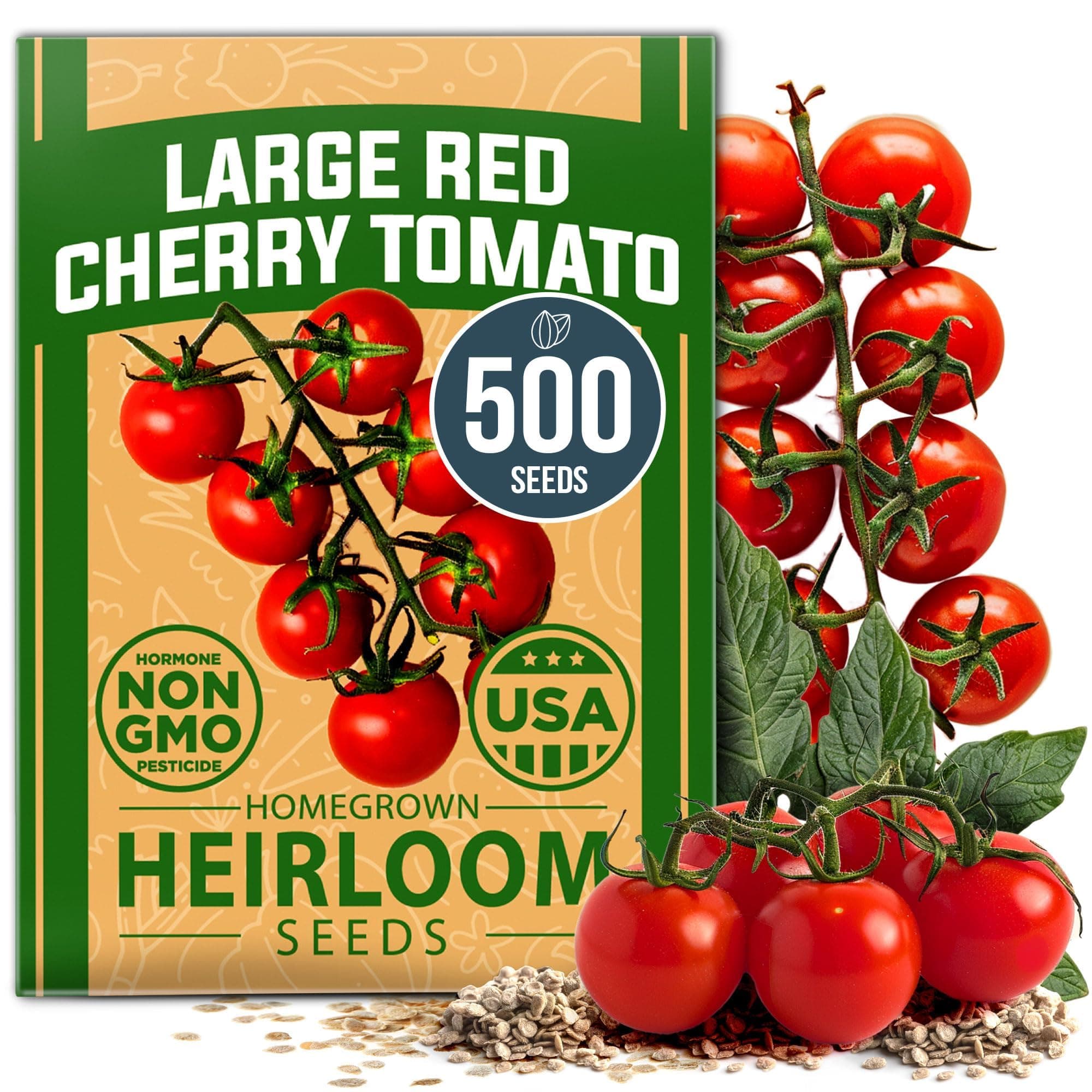 HOME GROWN Large Red Cherry Tomato Seeds 500+ Heirloom Non GMO Seeds for Planting, High Germination, Indeterminate, Sweet & Juicy Salad Tomatoes, Prolific Garden Crop, Homestead (Solanum lycopersicum)