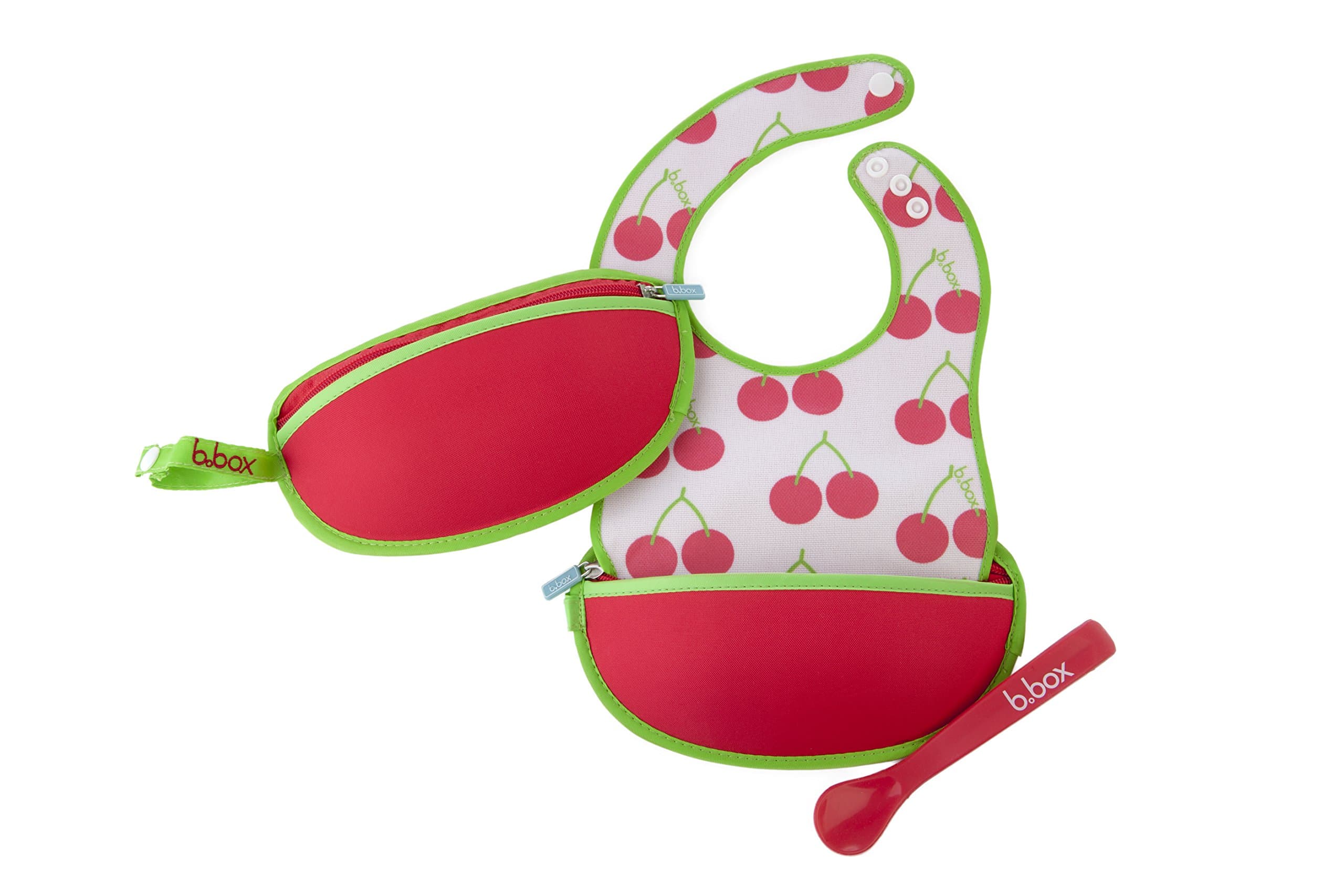 b.box Travel Bib & Spoon That Neatly Rolls Up and is Easy Clean (Cherry Delight)